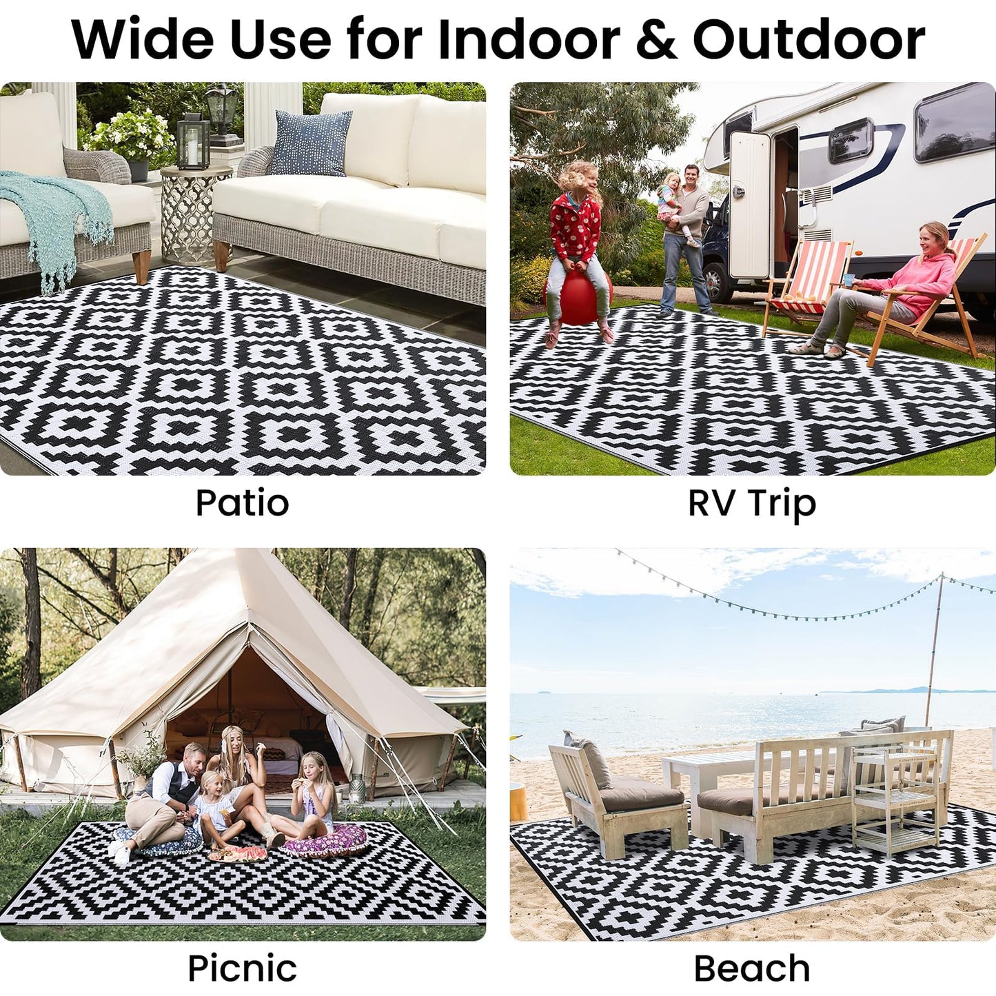 OLANLY Outdoor Rug Waterproof Reversible 5x8 ft, Durable Plastic Straw Patio Camping Carpet, Large Foldable RV Mat for Backyard, Deck, Picnic, Camper, Bench, All-Weather, Lightweight, Black & White