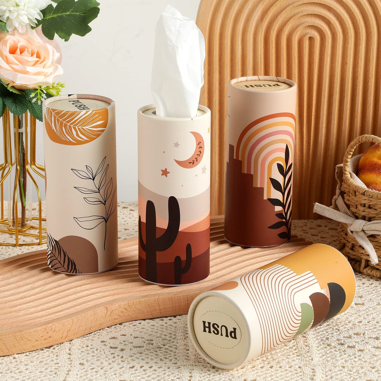 Tatuo 8 Pack Car Tissues Cylinder Holder with 3 Ply Facial Bulk Boho Round Tissue Holder Travel Tissues Boxes Container for Car Cup Wedding Gifts Home Bathroom Office