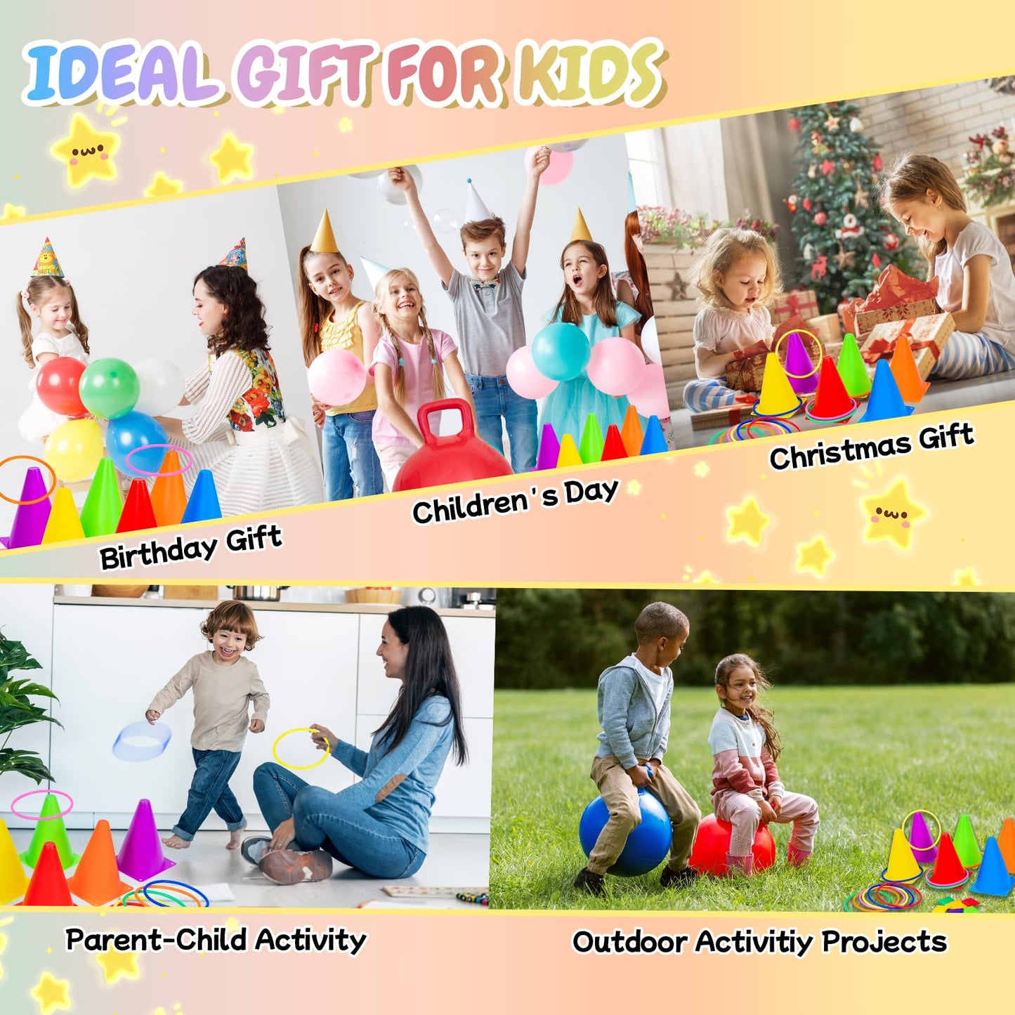 4 in 1 Carnival Outdoor Games Combo Set for Kids with 2 PCS Hopper Balls, 18 inch Bouncy Ball with Handle & Soft Plastic Cones & Bean Bags Ring Toss Game, Gift for Family Birthday Party Backyard Games