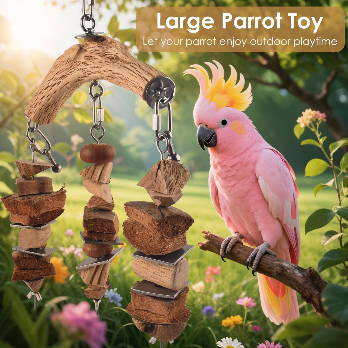 DBNESS Large Bird Parrot Toys, Birds Wooden Chew Blocks with Stainless Steel Cage Hanging Bite Toy for Macaws, African Greys, Cokatoos, Amazon Parrots and Small Medium Parakeets