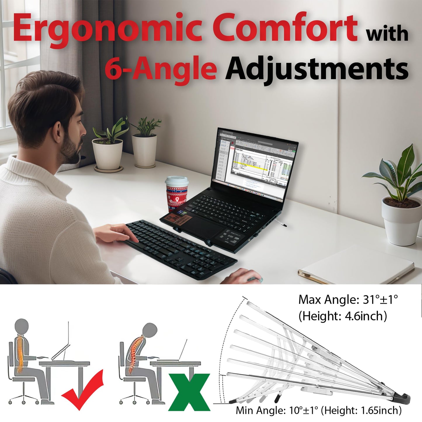 Travel Depot Portable Laptop Stand, Laptop Stand for Desk Ergonomic 6-Levels Angles Adjustable Computer Stand, ABS Laptop Riser Holder Compatible with All Laptops and iPad (10-15.6")