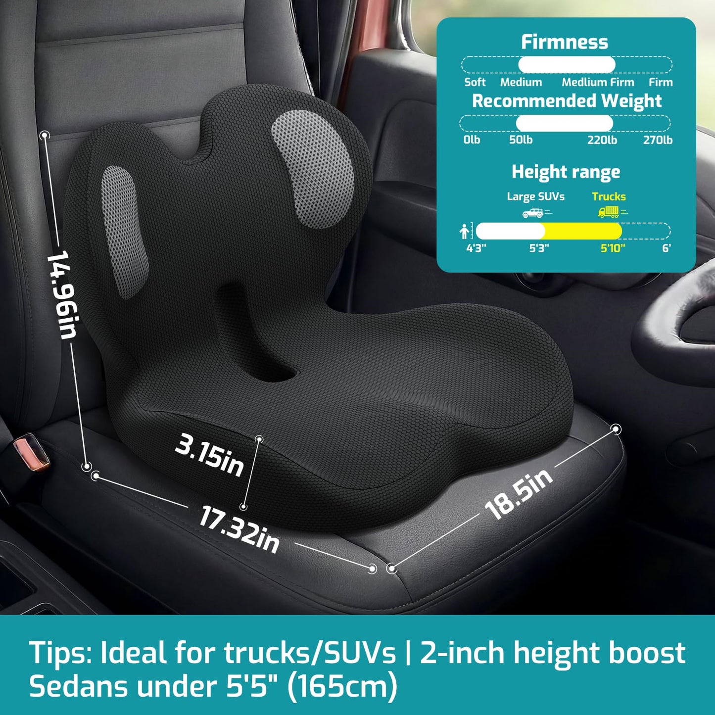 Memory Foam Seat Cushion with Lower Lumbar Support - 3-Inch Car Booster for Shorter Drivers & Ergonomic Orthopedic Cushion Back & Sciatica Pain Relief for Truck RV Office Chair (Black WE)