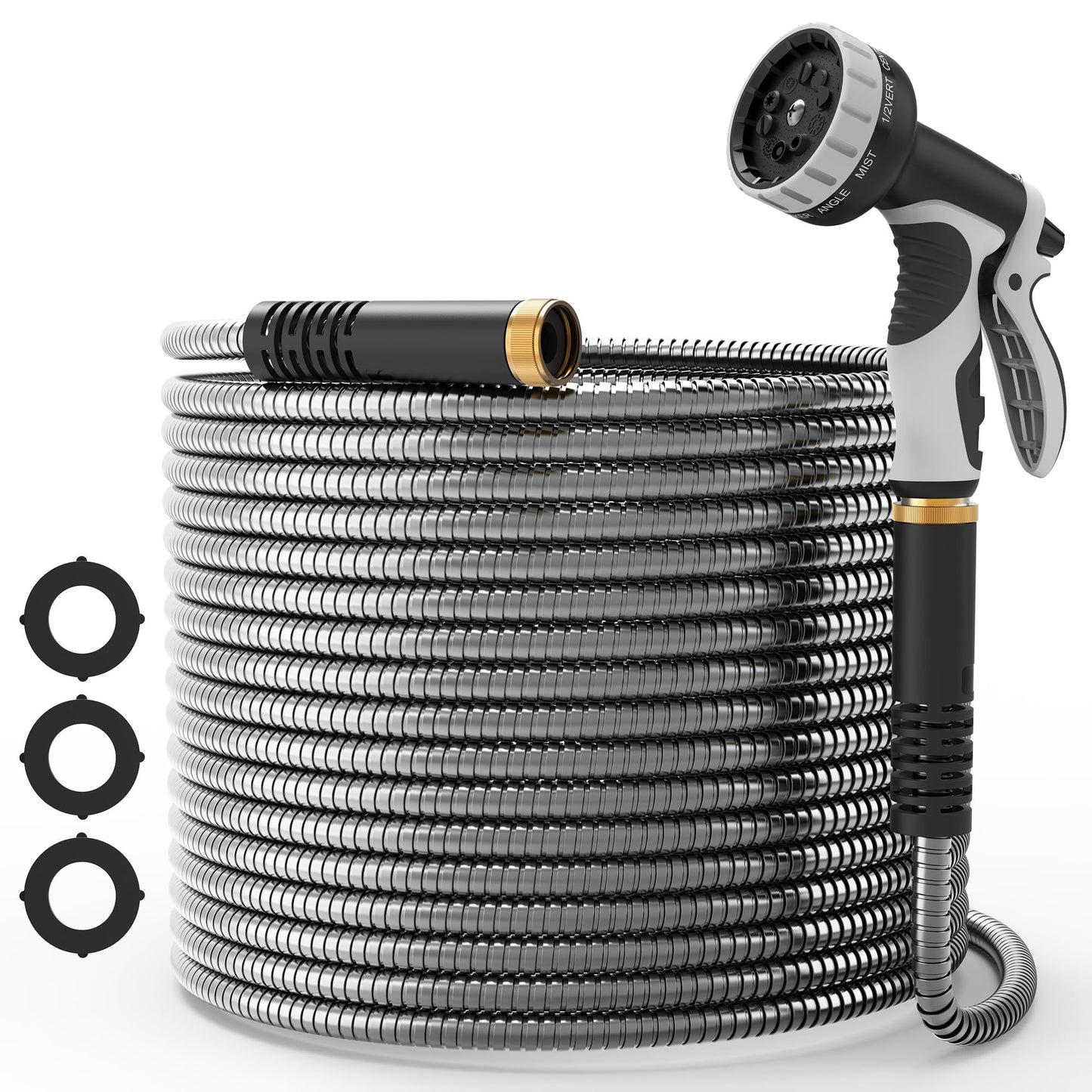NEYCIL 100ft Stainless Steel Garden Hose, Heavy-Duty Water Hose with 10 Function Nozzle, Puncture Proof, No-Tangle, No-Kink, Garden Hose for Yards, Car Washing & Outdoor Cleaning