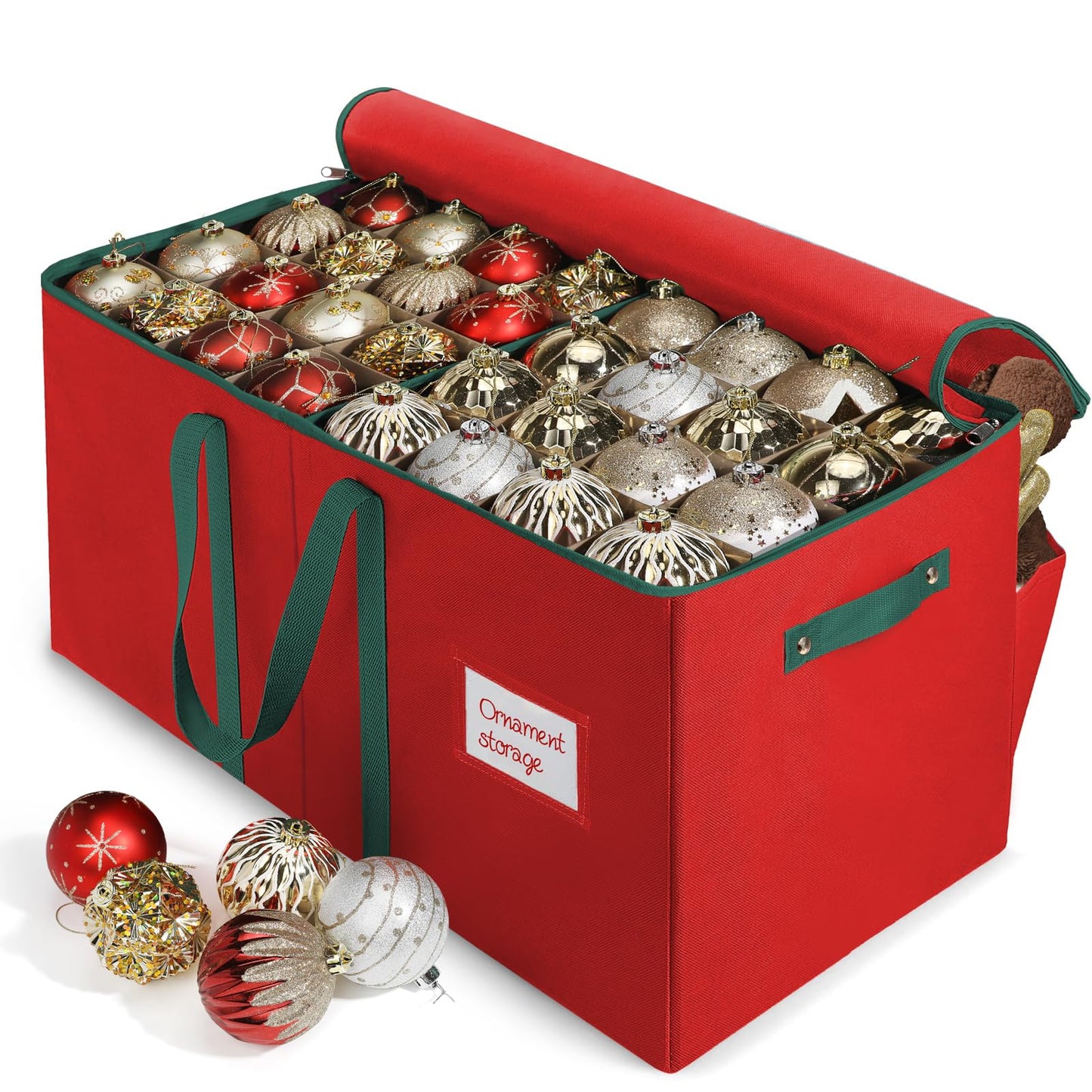 Large Christmas Ornament Storage Box,4 Tier Holds Up to 128 Holiday Ornaments 3-Inch, Xmas Decorations Accessories Bag with Dual Zipper Closure,Made of Durable 600D Oxford Fabric Material (Red1)