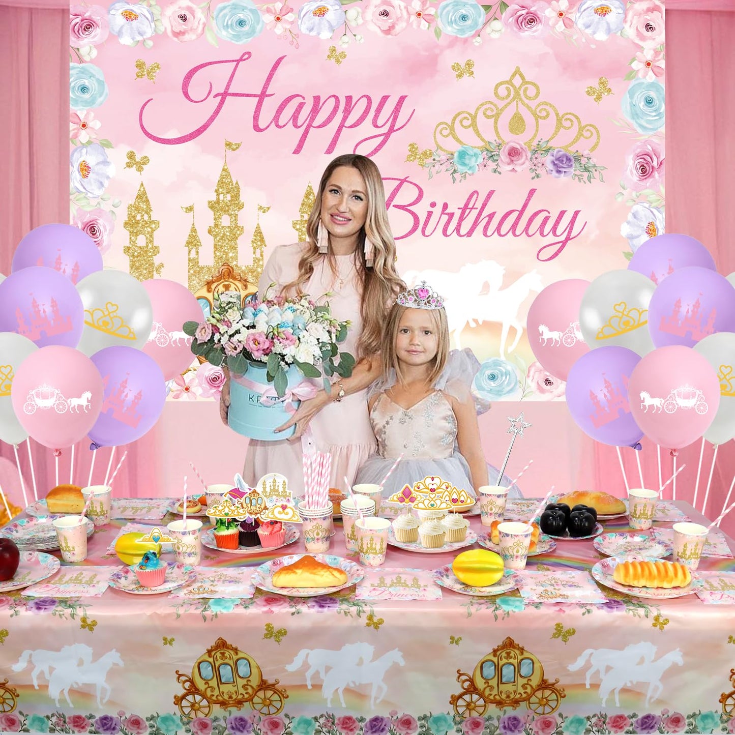 Princess Birthday Party Supplies, Includes Backdrop Banner, Plate, Napkins, Cake Toppers, Crown, Wands, Tablecloth, Balloons, for Girls Princess Baby Shower Decorations Serve 20 Guests