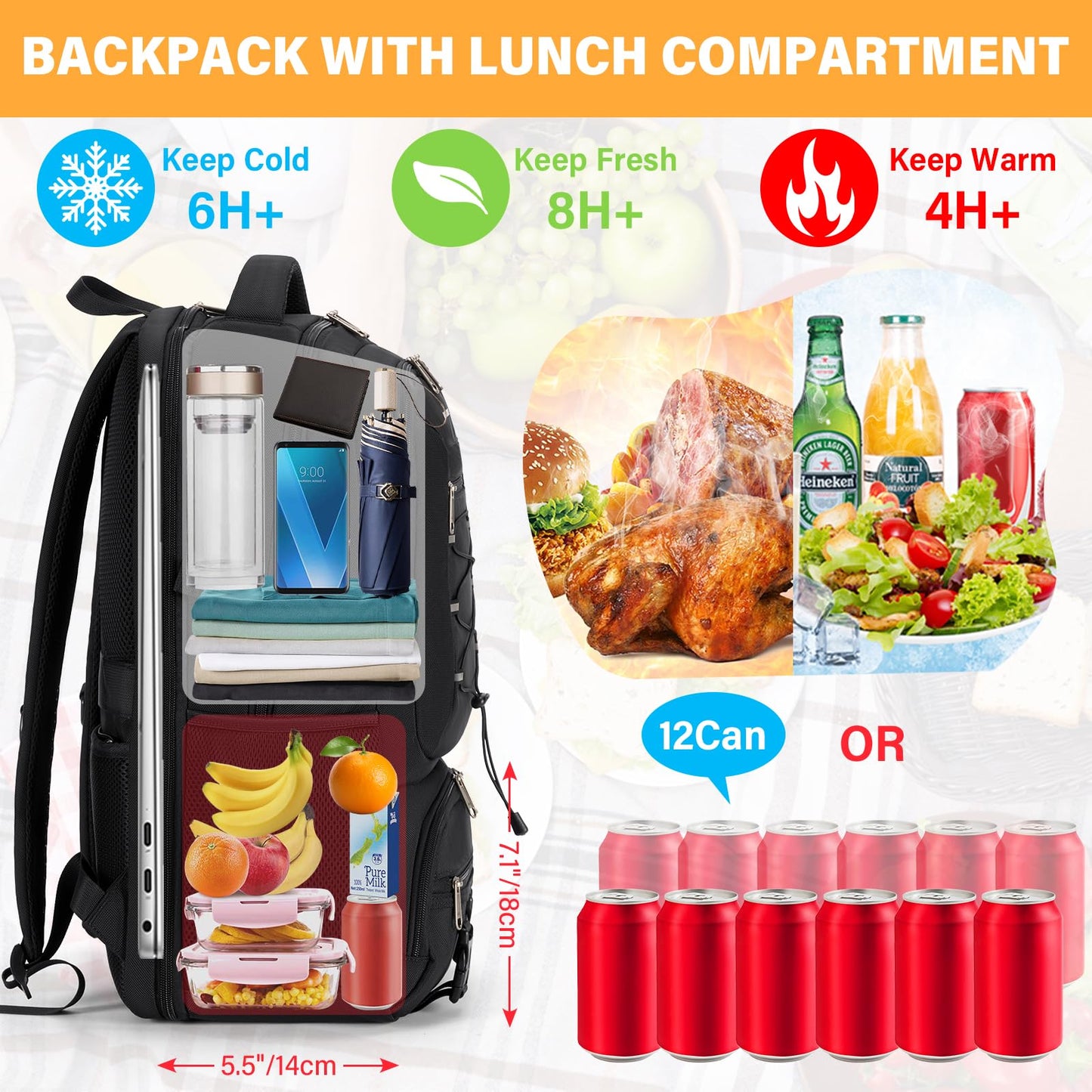 RAINSMORE Insulated Lunch Backpack for Men Women, 17.3 Inch Laptop Backpack with lunch compartment and USB Port and TSA Approved, for Work, Travel, Daily Life