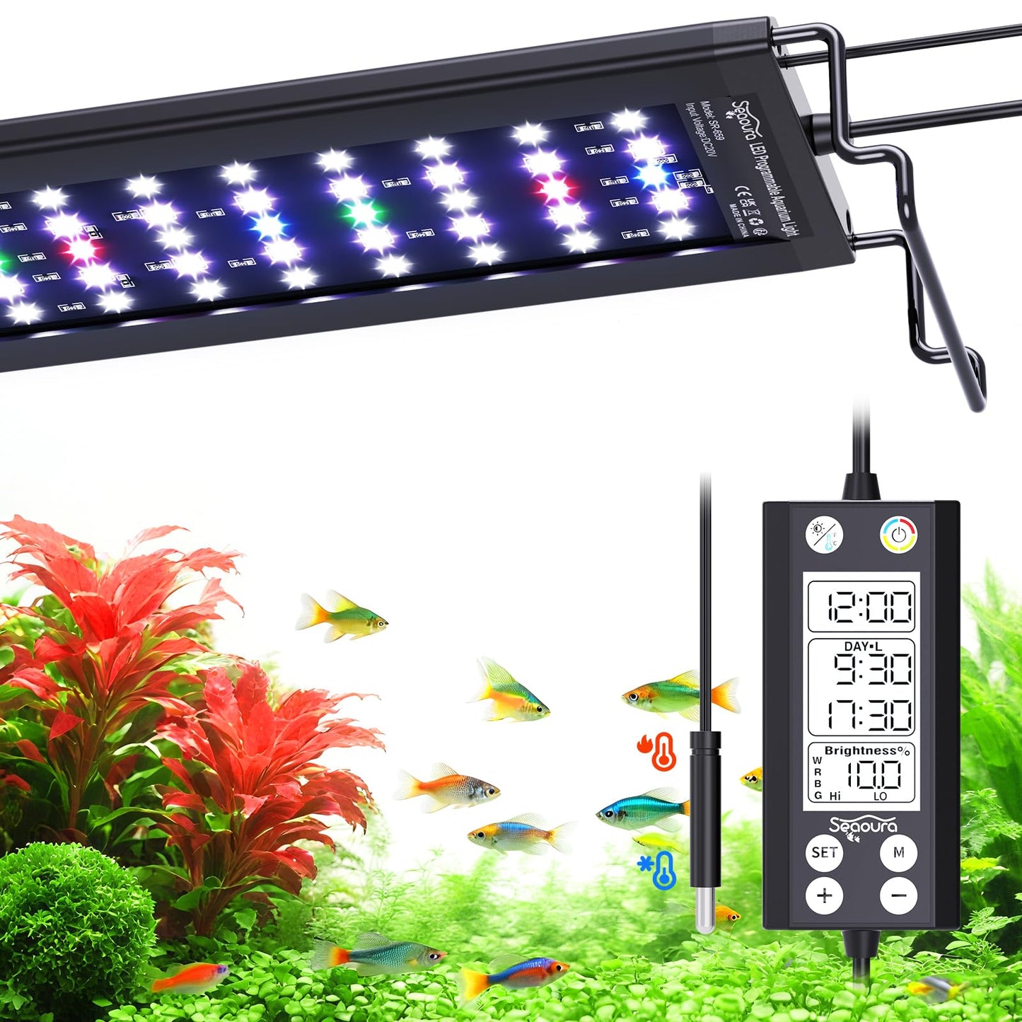 SEAOURA Aquarium Plant Light with Temperature Detector, 45-60cm Full Spectrum Fish Tank Lights, 24/7 Programmable with Power Off Memory, WRGB Custom, 20 Level Dimmable for Freshwater Aquariums