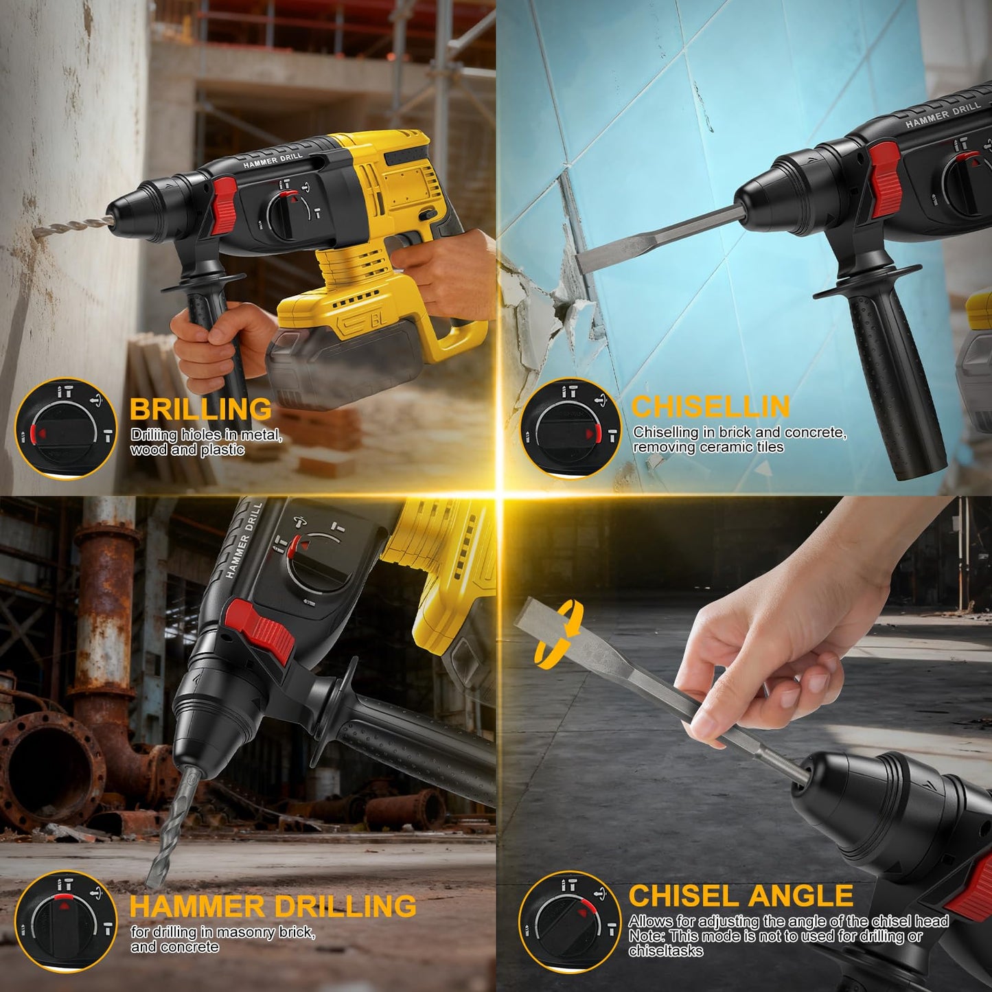 FormiPow SDS-Plus Rotary Hammer Drill for Dewalt 20V Battery, 2.5J Impact Brushless Rotary Hammer, 4 Mode Operation, 360° Rotating Handle, SDS Hammer Drill with 5 Pcs Drill & Chisel Set (No Battery)