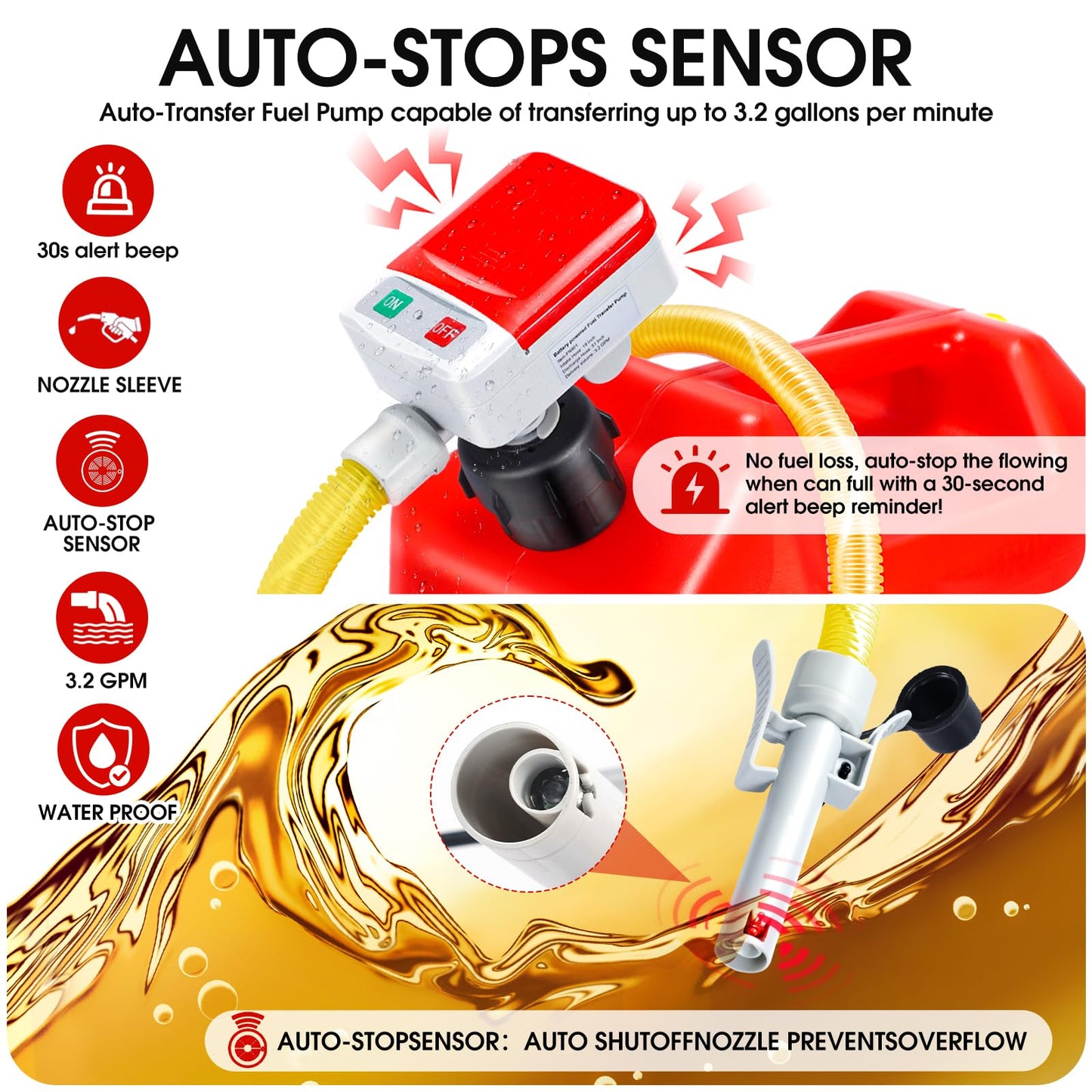 Fuel Transfer Pump with Auto-Stop Sensor-3.2GPM,30s Alert Beep,Overfill Protection,51"Hose Transfer Pump Battery Powered with 4 Tank Adapter,Portable Liquid Pump with Nozzle for Gasoline,Diesel,Oil