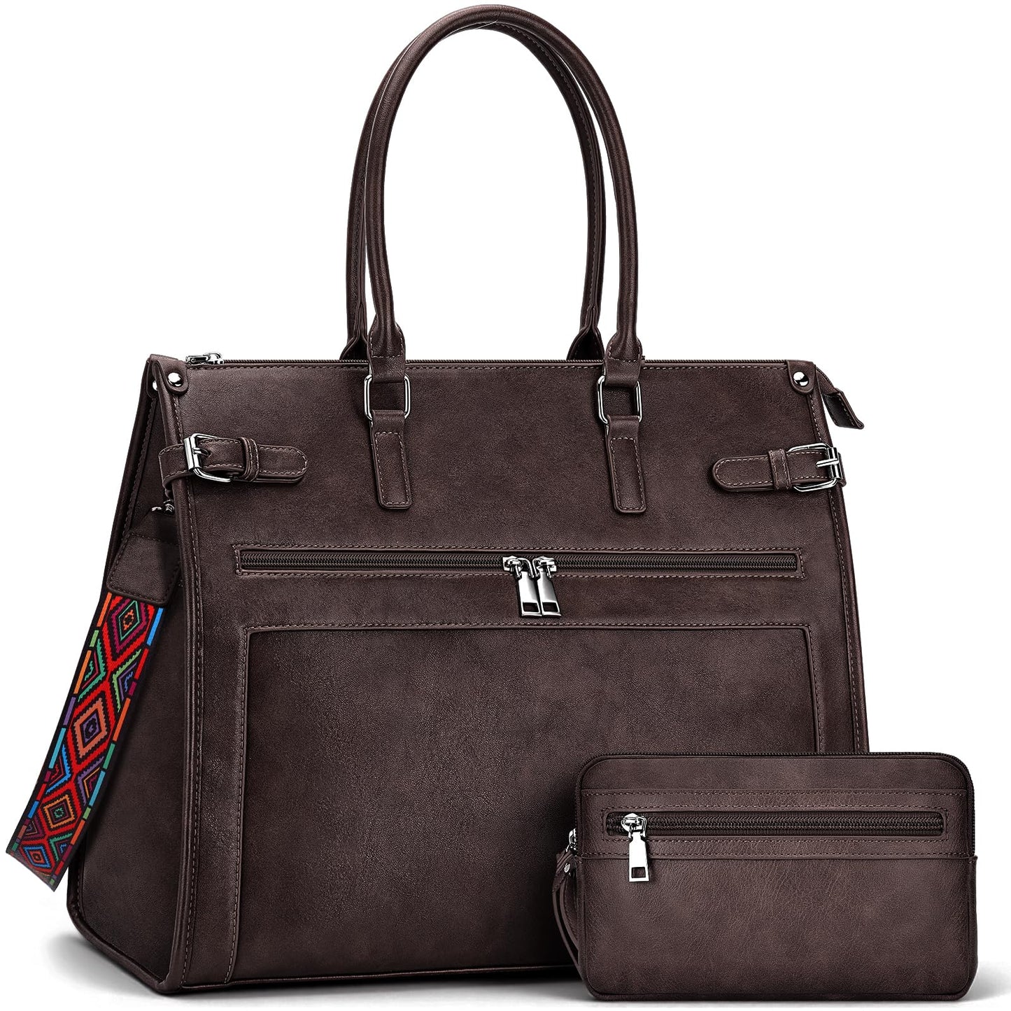 SYTRAH Laptop Tote Bag for Women Designer Faux Leather Briefcase Laptop Purse, 15.6 inch Computer Work Bags Coffee with Satchel Purse