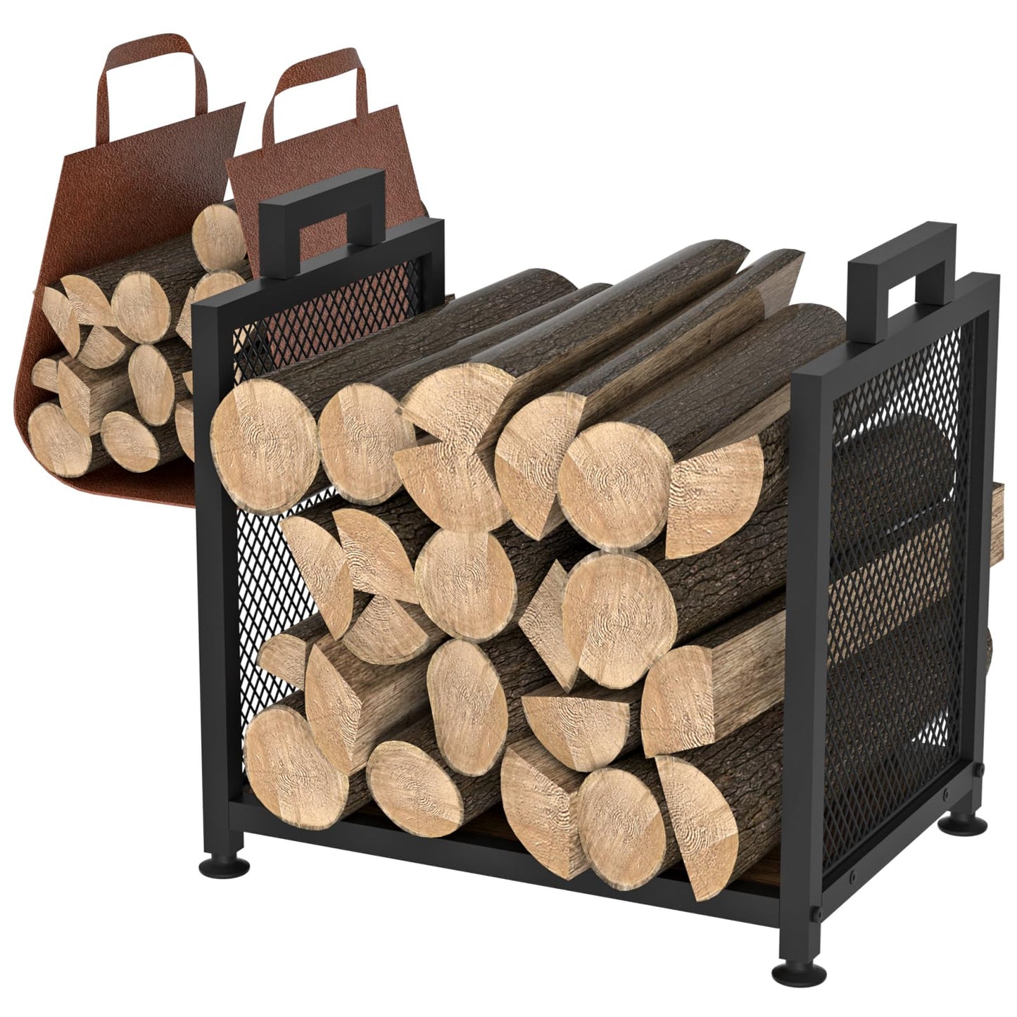 Firewood Rack for Indoor Heavy Duty Fire Wood Racks Holder, 17.32" Metal Wood Storage Log Holder with Leather Carrier, Small Firewood Stand for Fireplace Patio Deck, Black