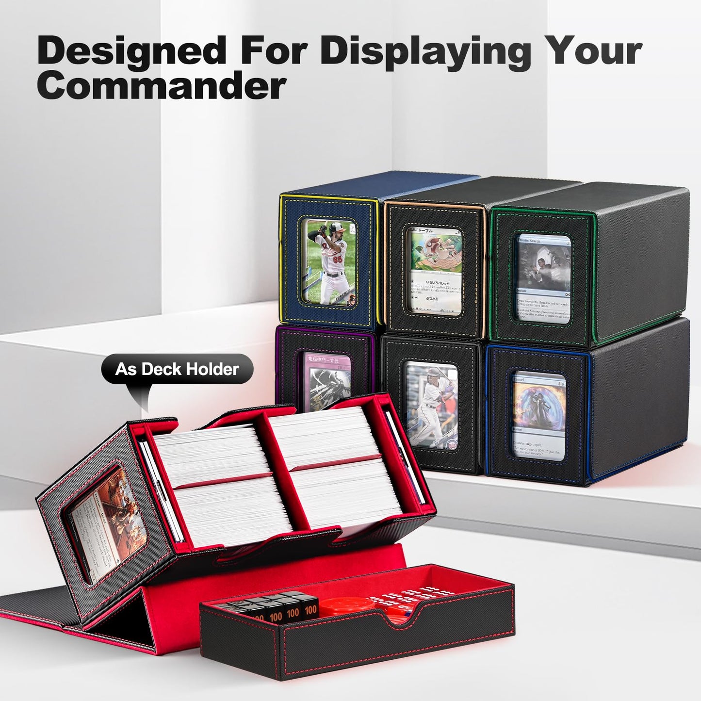 Card Deck Box for MTG, Double Card Storage Box with 2 Commander Display & Dice Tray, Fits 200+ Double Sleeved Cards, Card Organizer for CCG TCG Sports Cards (Black&Gray)