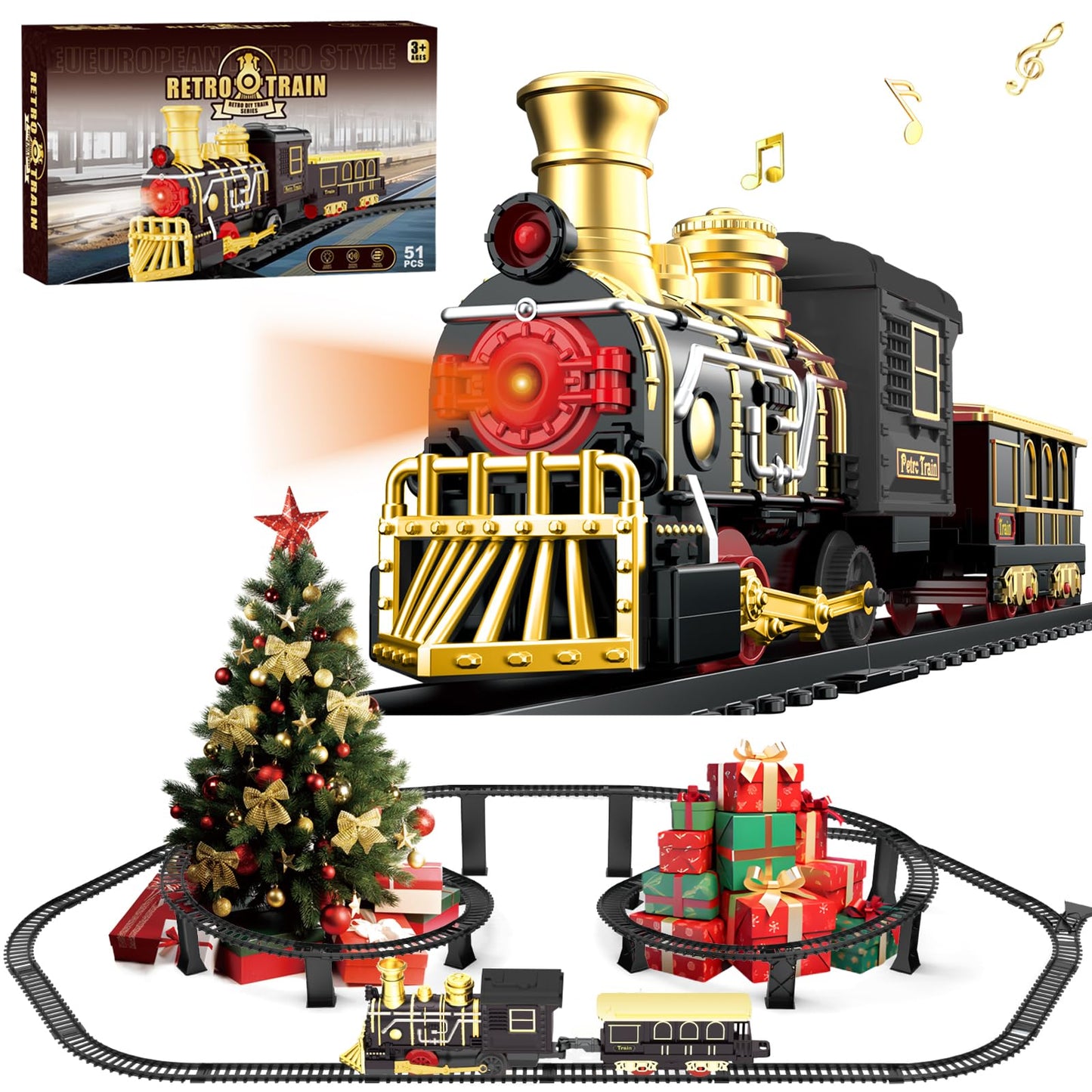 Electric Train Set with 3D Elevated Tracks Music, Locomotive Passenger Carriages, Lights & Quiet Mode Christmas Train for Kids Birthday Gift Holiday Toy for Boys Girls 3 4 5 6 7