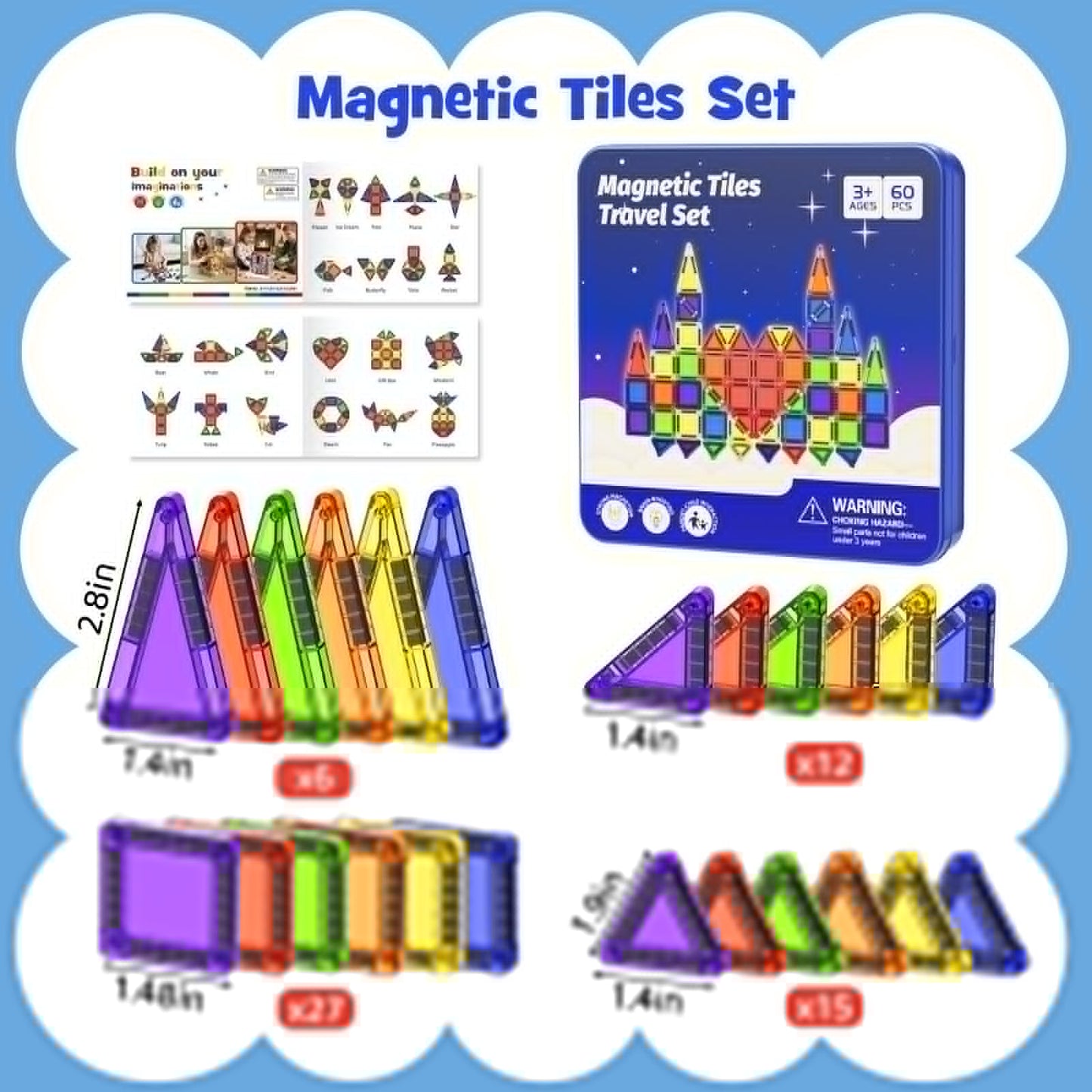 Mini Magnetic Tiles Travel Kit for Kids Ages 3-8, 60pcs Portable Magnetic Building Blocks with Visual Storage Guide & Metal Play Base, STEM Sensory Toys for Preschool Learning