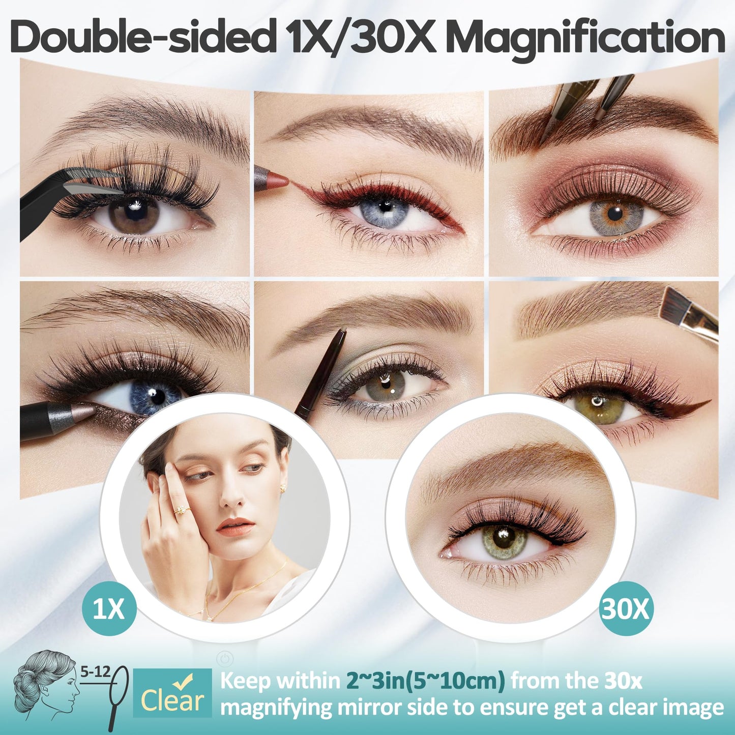 Magnifying Mirror with Light 30X, Double-Sided 1X/ 30X Magnifying Makeup Mirror with Tweezer, 2000mAh 3 Colour Modes with Adjustable Brightness, Foldable Compact Travel Mirror