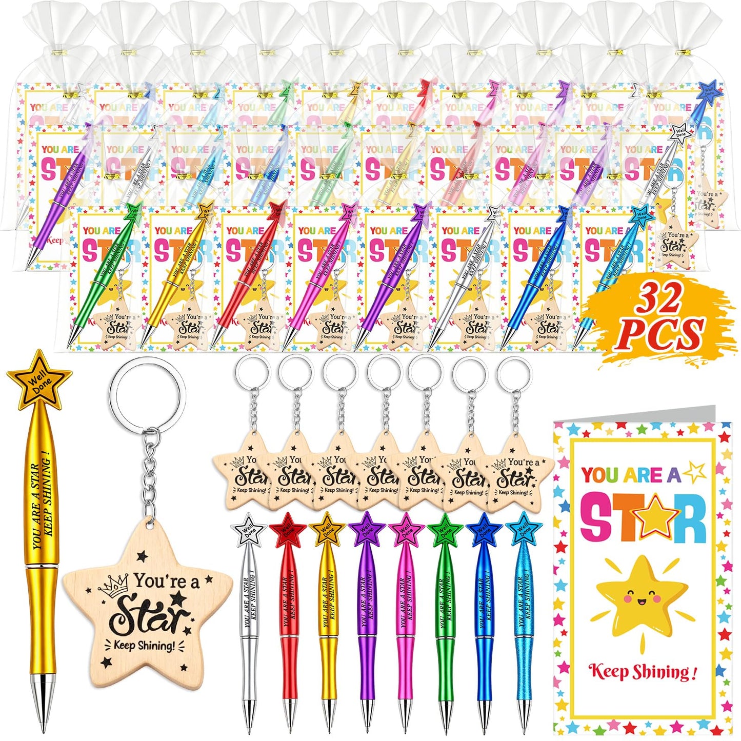 Natonhi 32 Sets End of Year Student Gifts from Teacher Bulk with Star Keychain Cute Pens Gift Card for Students from Teacher for Classroom Party Favors Home Office learners Graduation Party Supplies