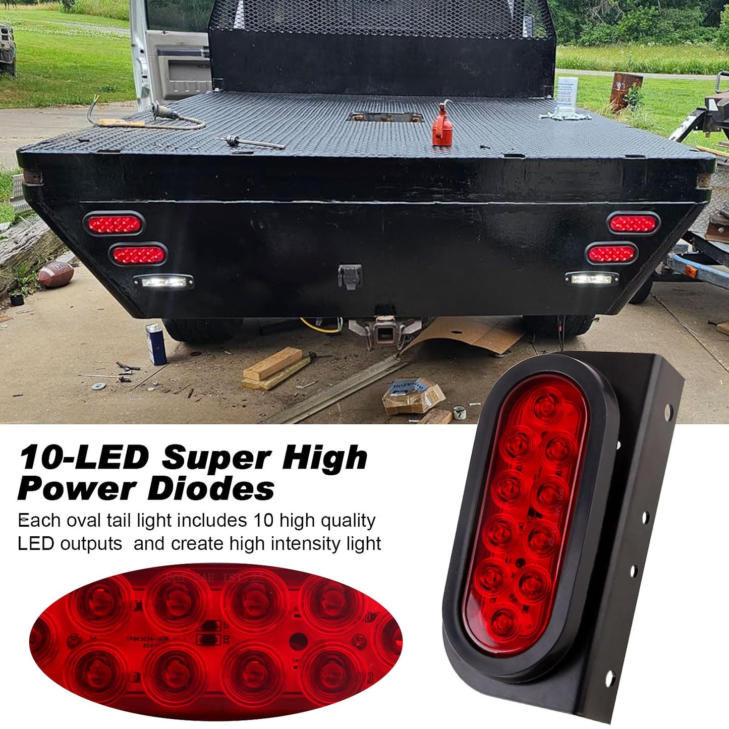 Konrali 4Pcs 6" Inch Oval Led Trailer Tail Lights w/Mounting Brackets, 6" Inch Oval Red Led Waterproof Stop Turn Tail Lights Brake Sealed Flush Grommet Mount w/3 Prong Wire Pigtails for RV Truck Boat