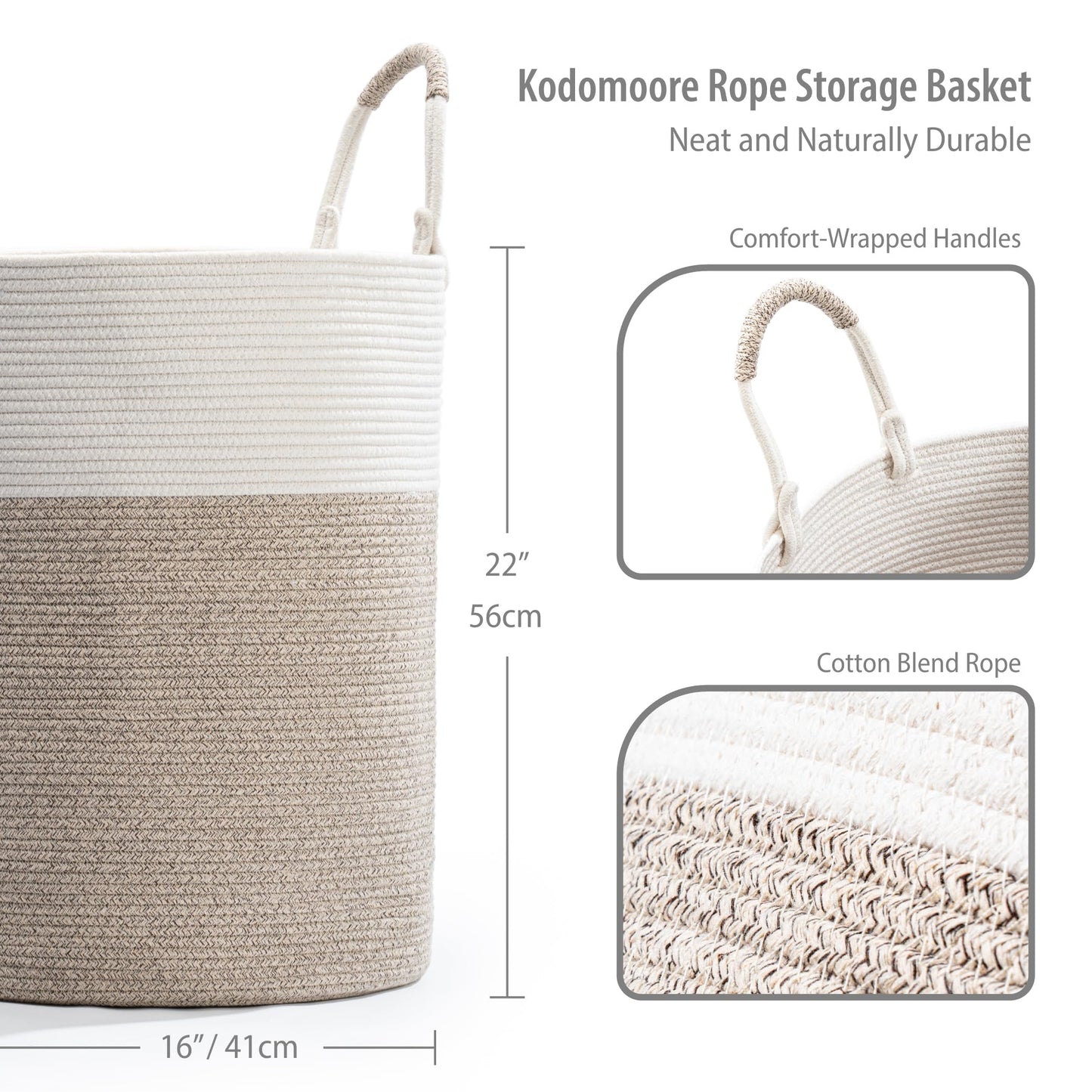 Kodomoore Laundry Basket Hamper – Woven Cotton Rope Nursery Hamper for Clothes, Blankets, Yoga Mat – Boho Basket for Living Room – 16”D x 22”H – White & Beige Brown