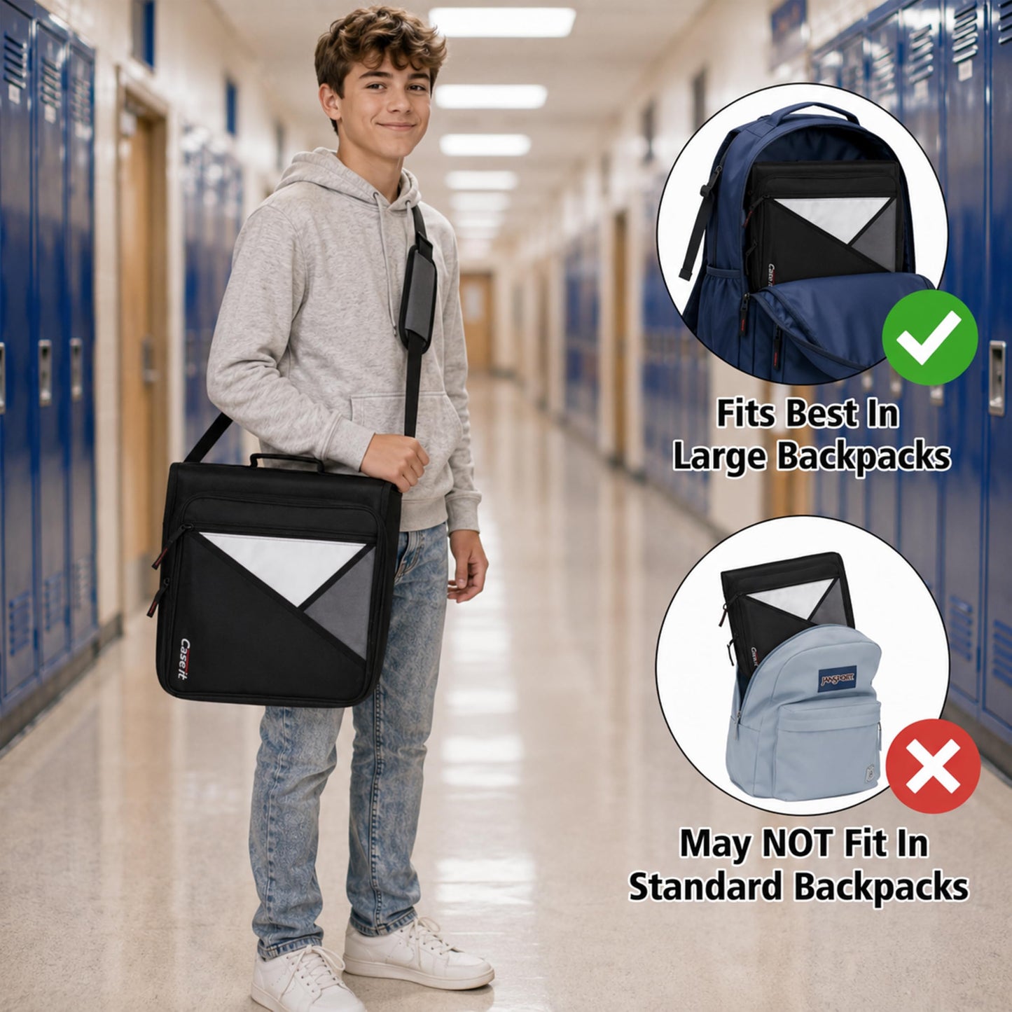Case-it Universal Zipper Binder | 2-Inch O-Rings, 13-Inch Laptop/Tablet Padded Pocket, 400 Sheet Capacity, Multiple Storage Pockets & Shoulder Strap | School & Office Organizer | LT-007 Jet Black