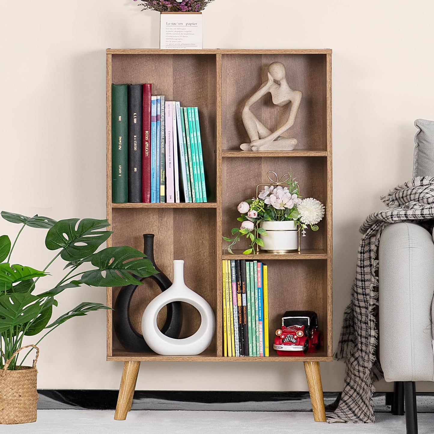 LEYAOYAO Wooden 5 Cube Bookshelf, Oak 3 Tier Book Shelf with Legs, Modern Open Storage Boho Organizer Bookcase,Display Cabinet Shelf Free Standing Bookshelves for Bedroom,Living Room,Study