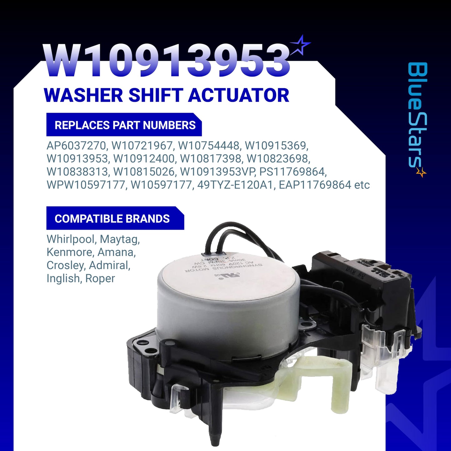 BlueStars W10913953 49tyz-e120a1 Washer Shift Actuator Replacement - Compatible with Whirlpool Kenmore Washing Machines - Replaces W10815026 PS11769864 W10597177 WPW10597177 W10913953VP AP6037270