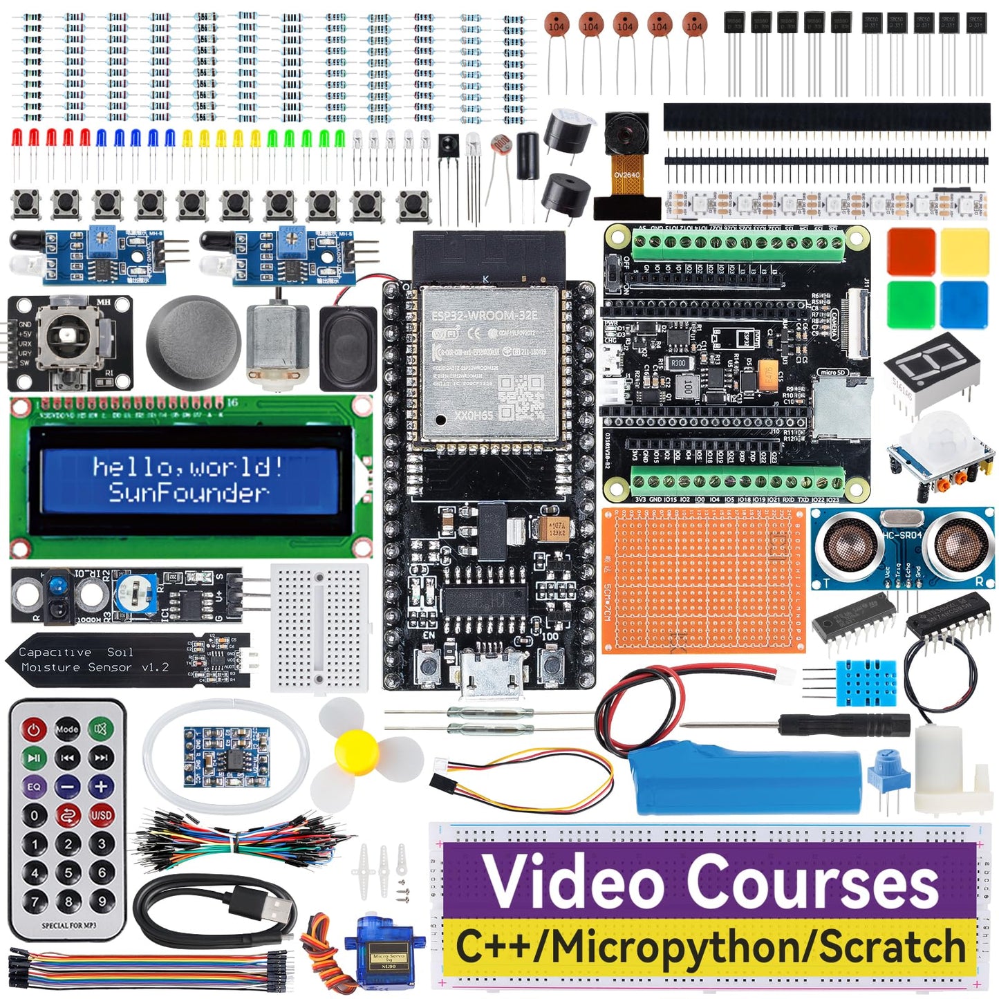 SunFounder ESP32 Ultimate Starter Kit (Compatiple with Arduino) Pinout Board with ESP32CAM, WiFi, Python C Scratch, Video Courses, IoT for Beginners Engineers, ESP32-WROOM-32E Board & Battery Included