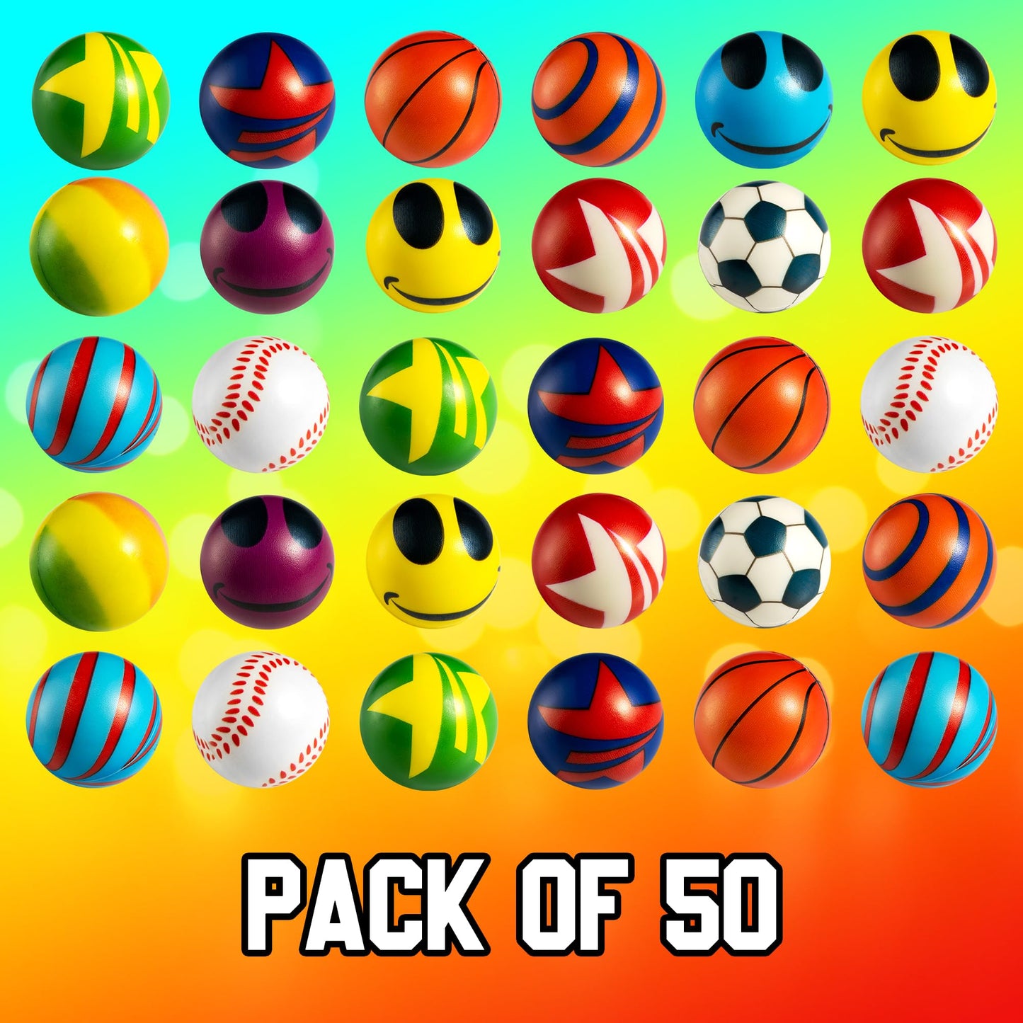 50 Mini Stress Balls Assortment - Bulk 2 Inch Soft Toy Variety Pack Stress Relief Balls, Squeezable Sensory Fidget Balls for Kids, Party Favors, Birthday Gifts for Boys & Girls