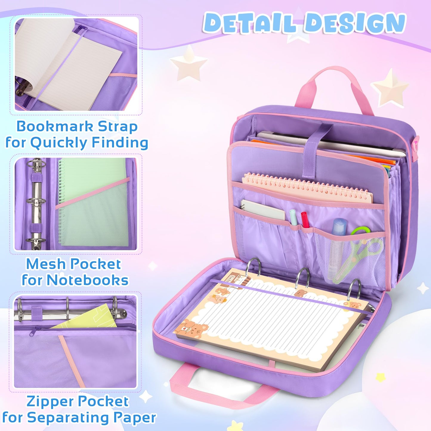 Yarwo File Organizer for Boys and Girls, 3 Ring Binder Holds 500 Sheets with 5 Expanding Files and Adjustable Strap, Large Zipper Binder Bag for Learning Tablet and Stationery, Purple (Bag Only)
