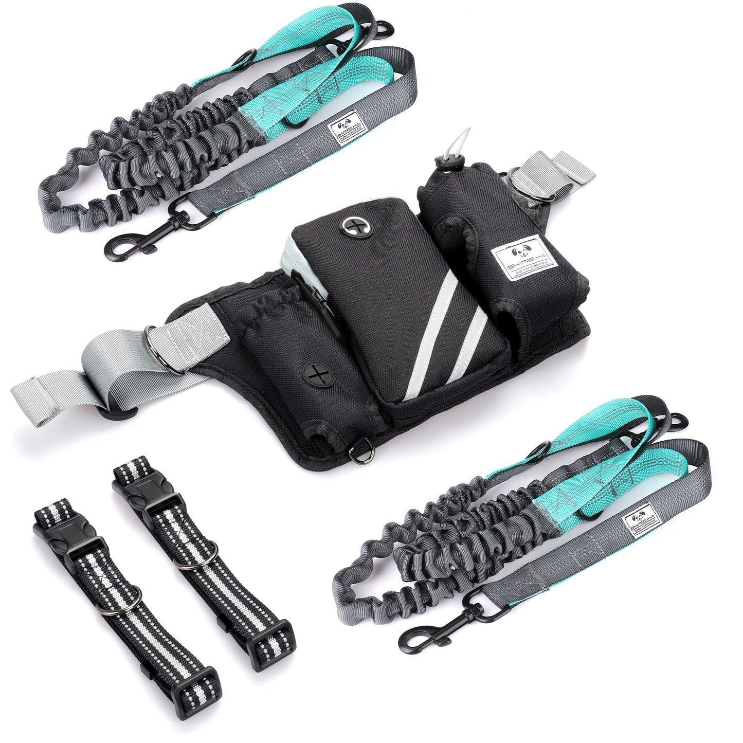 SHINE HAI Retractable Hands Free Dog Leash with Dual Bungees for 2 Dogs, Adjustable Waist Belt Fanny Pack, Reflective Stitching Leash for Running Walking Hiking Jogging Biking Black