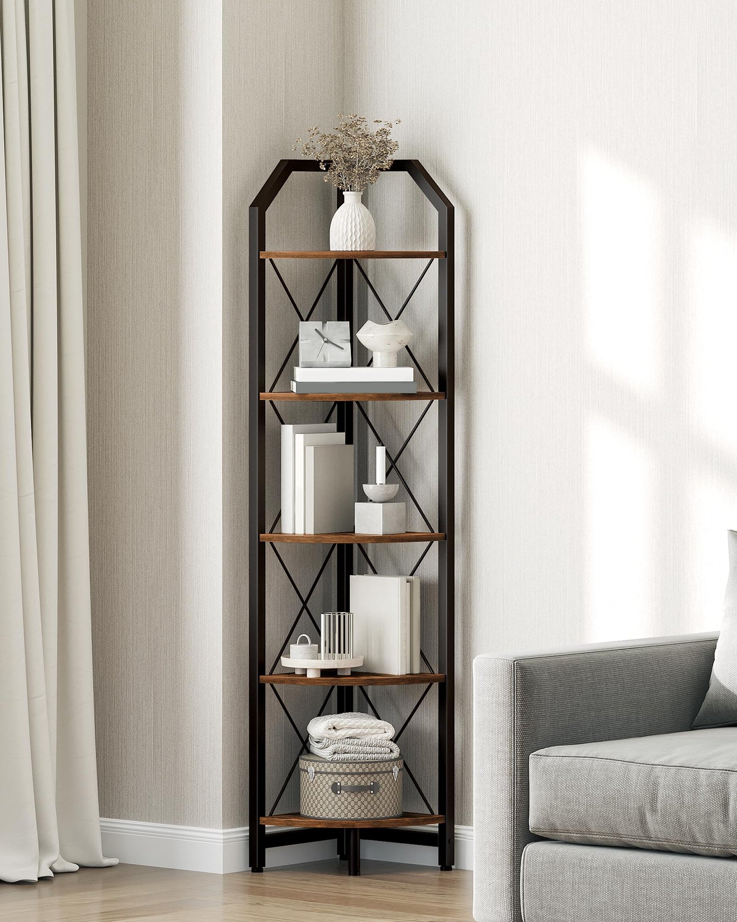 59.4" Corner Shelf, 5-Tier Industrial Corner Bookshelf, Corner Storage Stand, Plant Stand Display Shelf, Bookcase for Bedroom, Living Room, Home Office, Rustic Brown and Black TCJ10BF