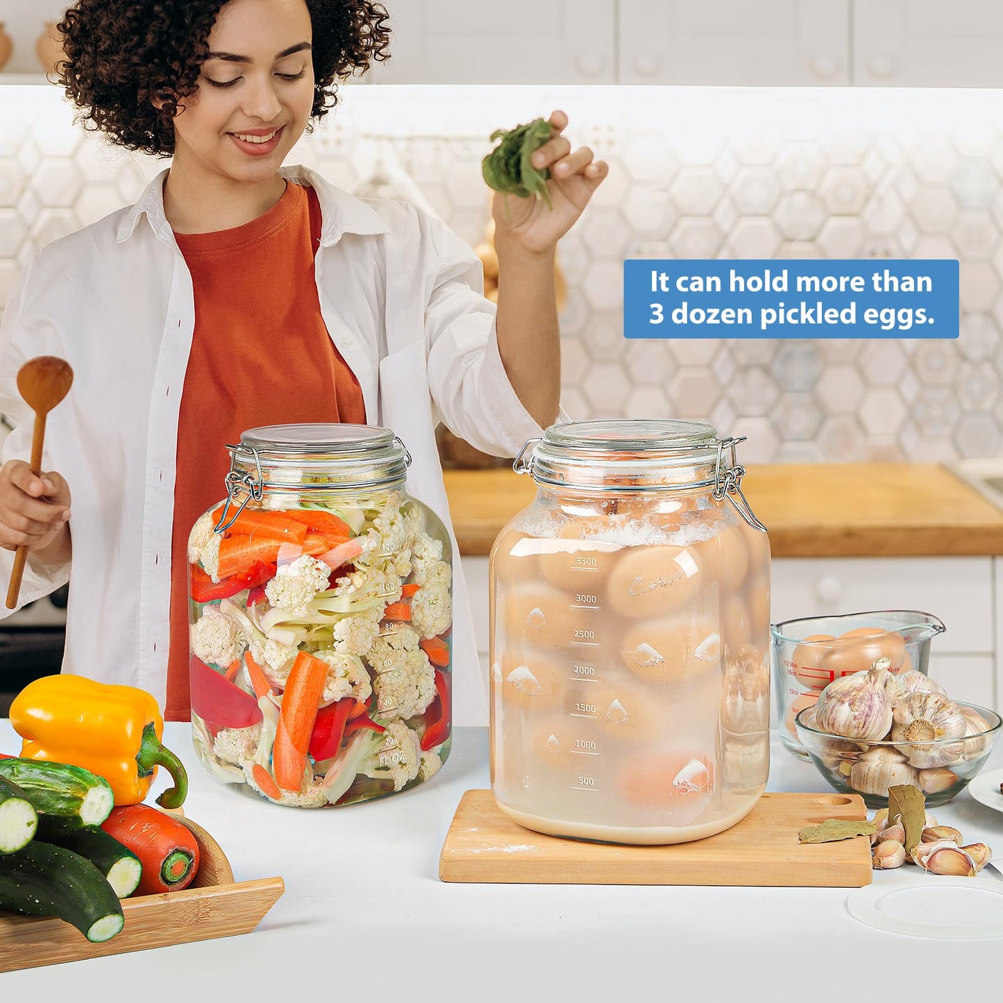 Sovietiep Wide Mouth Large Glass Jar with Airtight Lid, 1 Gallon Glass Jar w Hinged Lids and Scale Marks, Large Mason Jars w Labels and Gasket(for Kitchen Storage, Pickling, Fermenting), Set of 2