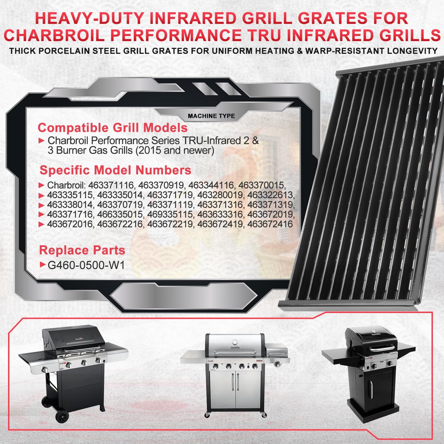 17 inch Infrared Grill Grates for CharBroil Performance Tru Infrared 2 Burner 300 Gas Grill Replacement Parts, Char-broil 463371116 463633316 463672019 463672416 463672219 G460-0500-W1 Grill Parts