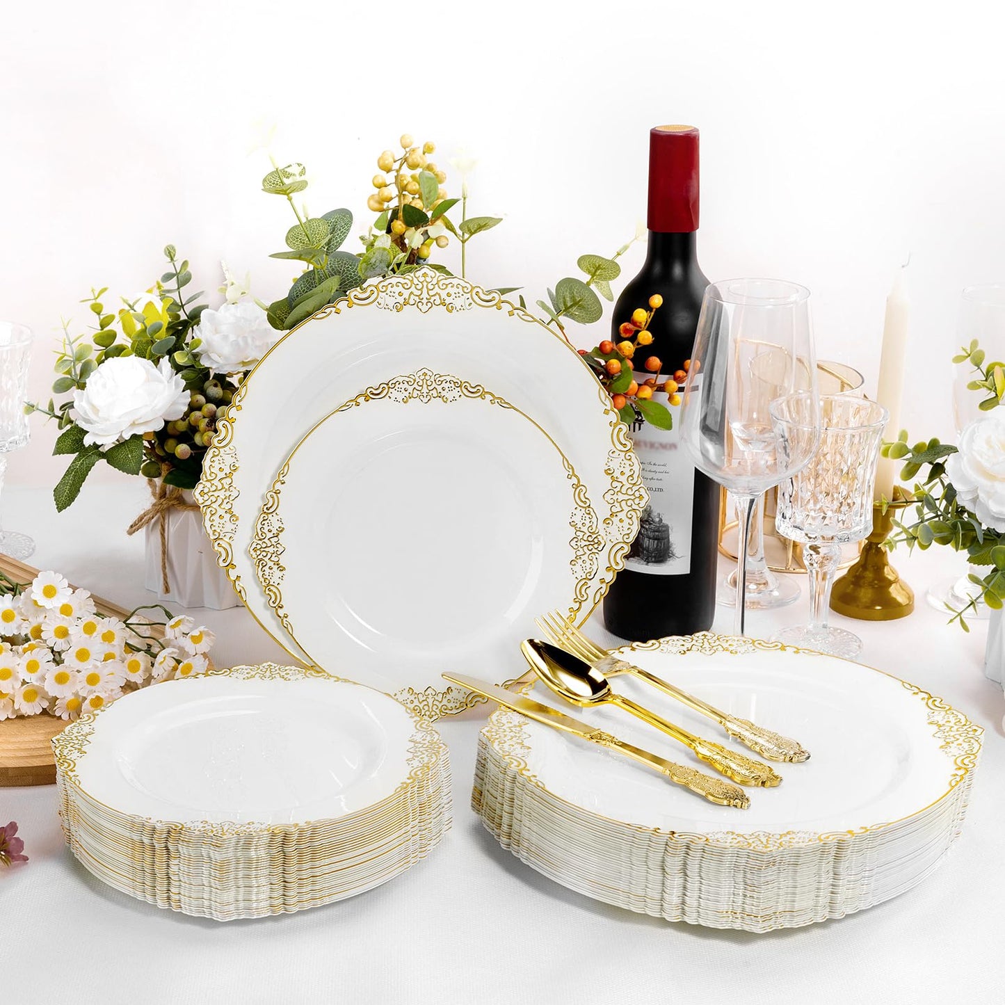 Goodluck 100 PCS White and Gold Plastic Plates for 50 Guests, Gold Disposable Plates Include 50 PCS Dinner Plates, 50 PCS Dessert Plates for Party, Wedding and Graduation