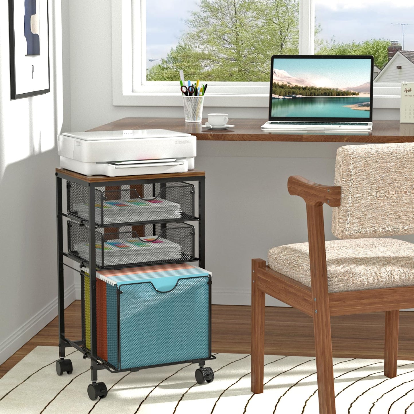 BOHDK Rolling File Cart with 3 Storage Drawers, Wood & Mesh Hanging File Folder Organizer with Wheels Under Desk, File Cabinets for Home Office, 11.81" D x 14.8" W x 25.39" H, Black