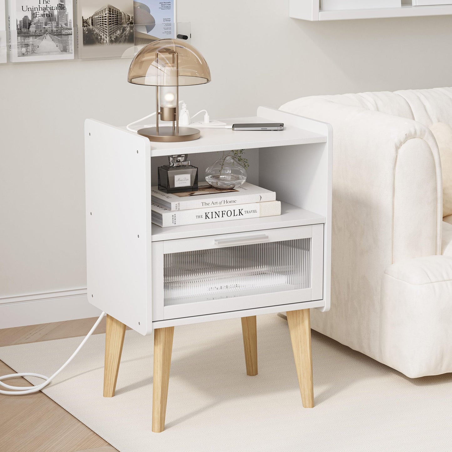 Nightstand with Charging Station, Bedside Tables with Glass Decorative Door, End Table Side Table with 2 Tiers Storage Space, for Bedroom, Living Room, White CAMLBZ07WE