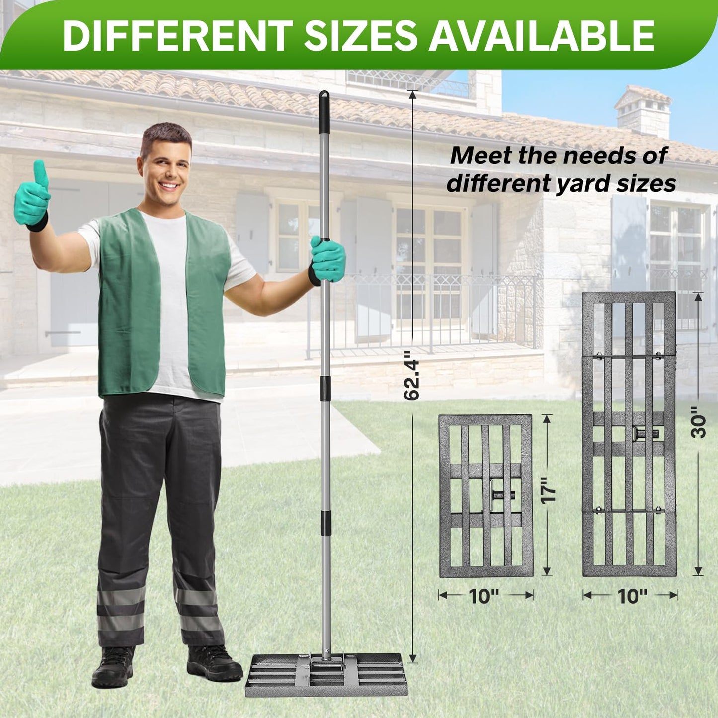 REAPALOT Lawn Leveling Rake, Lawn Leveler with Stainless Steel Long Handle, Heavy Duty Yard Level Tool for Leveling Soil, Dirt Or Sand Surfaces, Gardening Gloves Gift Included (17x10in)