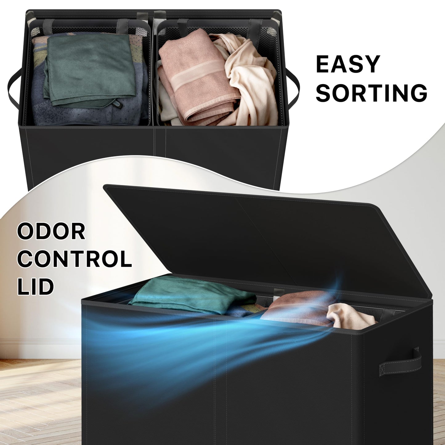 Simple Houseware 120L Double Laundry Hamper with Lid – Foldable Divided Clothes Basket with Removable Sorting Bags, Brown
