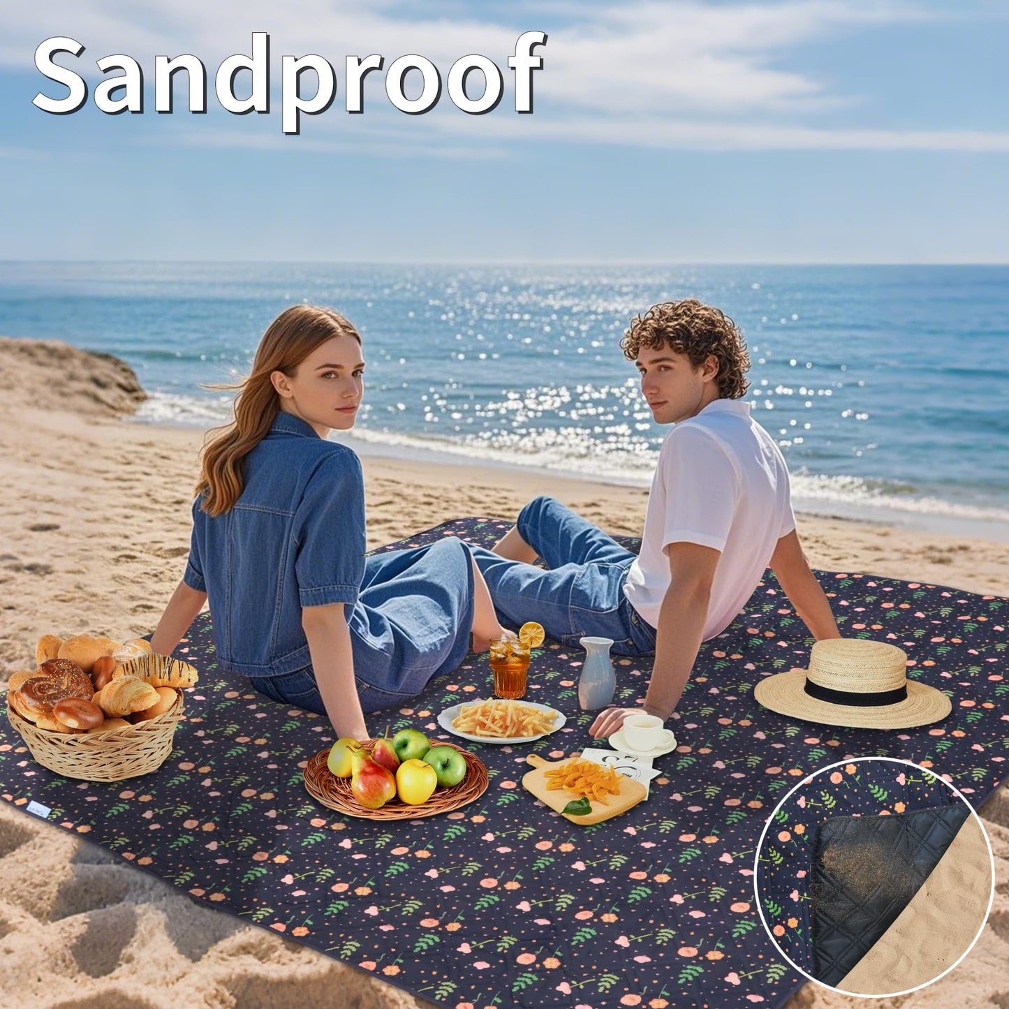 PICYALO Outdoor Picnic Blanket Blue Floral 80"x80" Large Sandproof Beach Blanket Waterproof Picnic Blankets Foldable for Caming, Beach, Outdoor Activities.