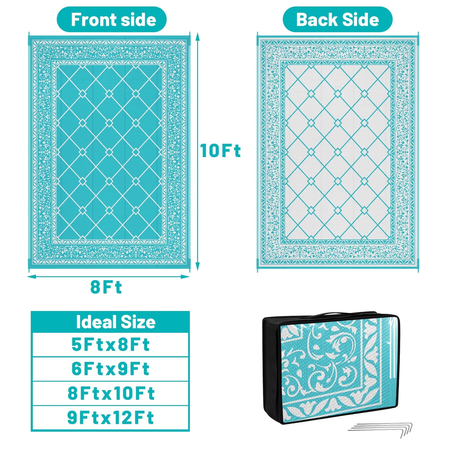 HEBE 8x10 Outdoor Rug Waterproof, Reversible Outdoor Area Rug, Portable Plastic Outside Rug Carpet, Geometric RV Camping Rug Mat for Patio Picnic Backyard Deck Balcony Porch Beach Trailer, Teal