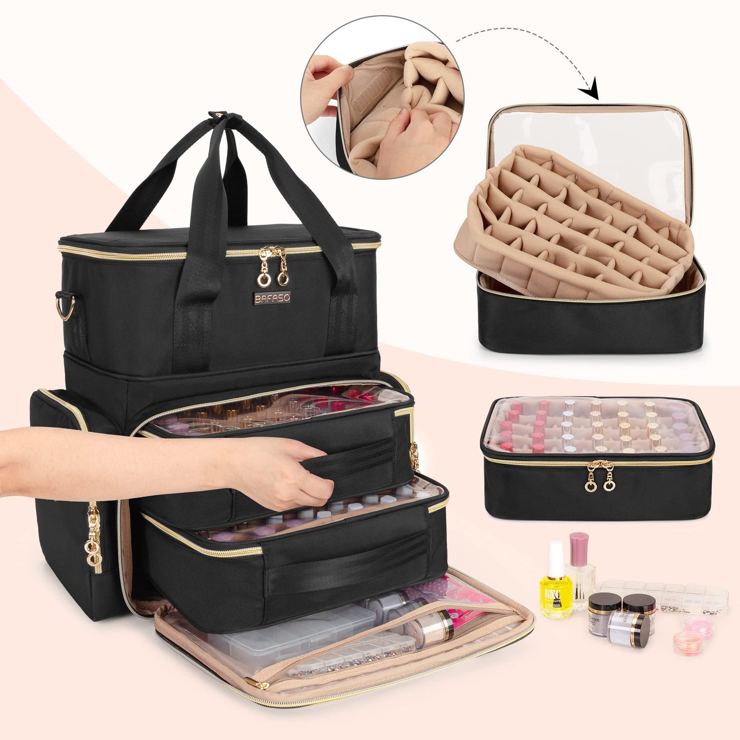 BAFASO Double Layer Nail Polish Organizer Holds 70 Bottles (15ml - 0.5 fl.oz) and a Nail Dryer, Nail Polish Case with 2 Removable Pouches and Tools Storage Sections (Bag Only), Black