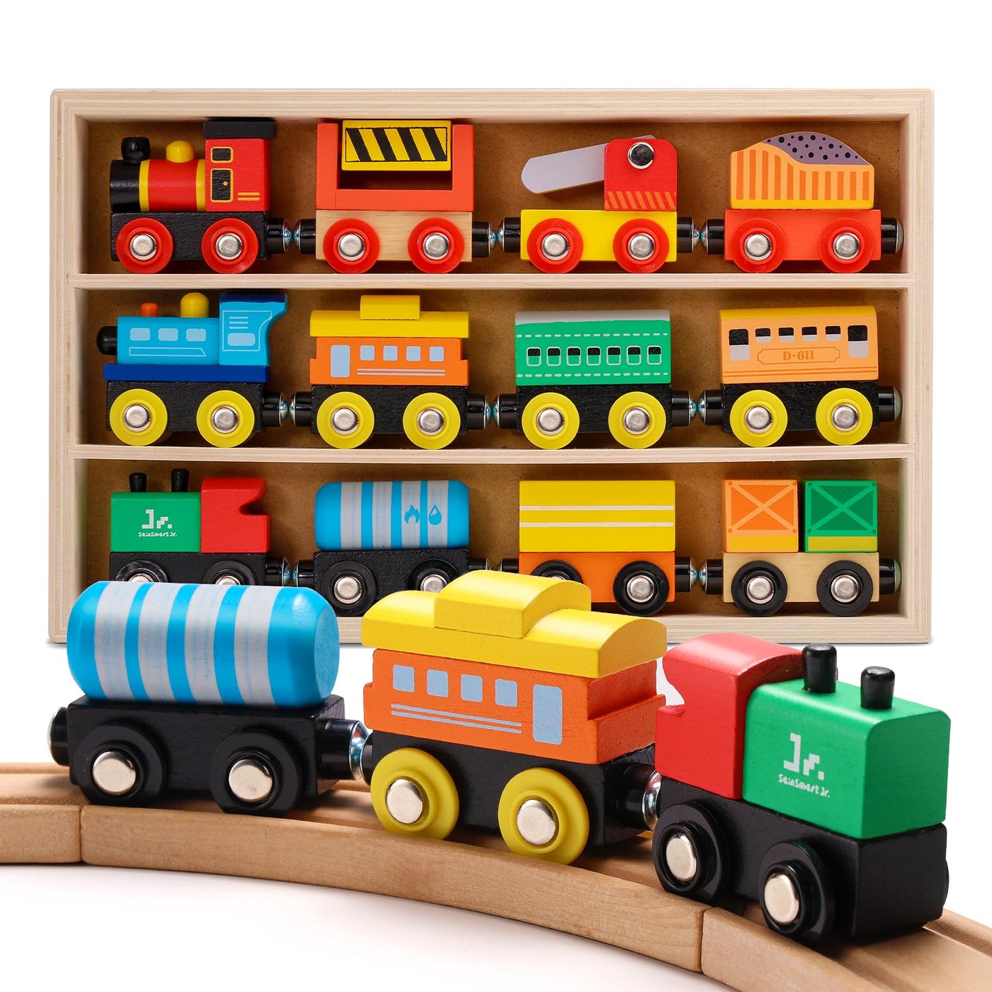 SainSmart Jr. Wooden Train Set 12 PCS - Train Toys with Storage Box, Magnetic Toy Trains Compatible with All Major Brands, Gift for Toddlers, Boys and Girls Aged 3+