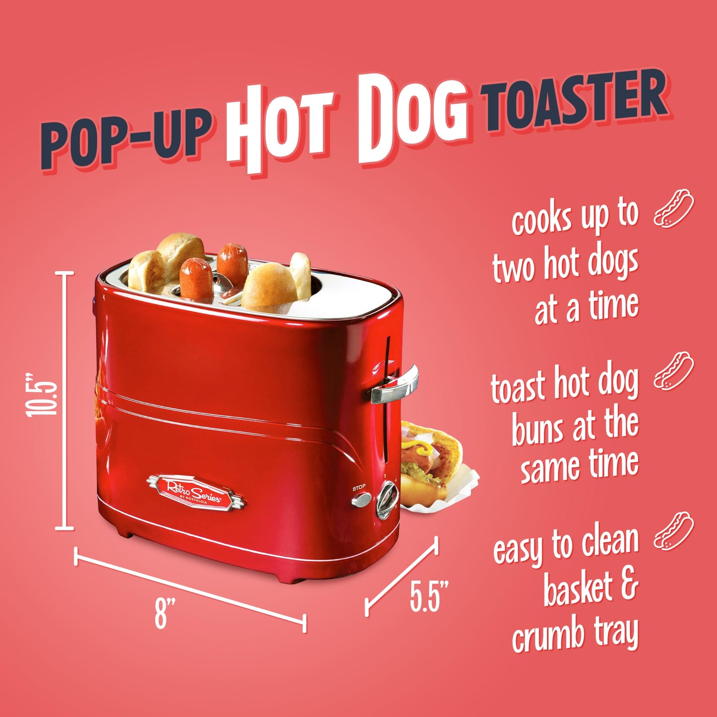 Nostalgia 2 Slot Hot Dog and Bun Toaster with Mini Tongs, Hot Dog Toaster Works with Chicken, Turkey, Veggie Links, Sausages and Brats, Retro Red