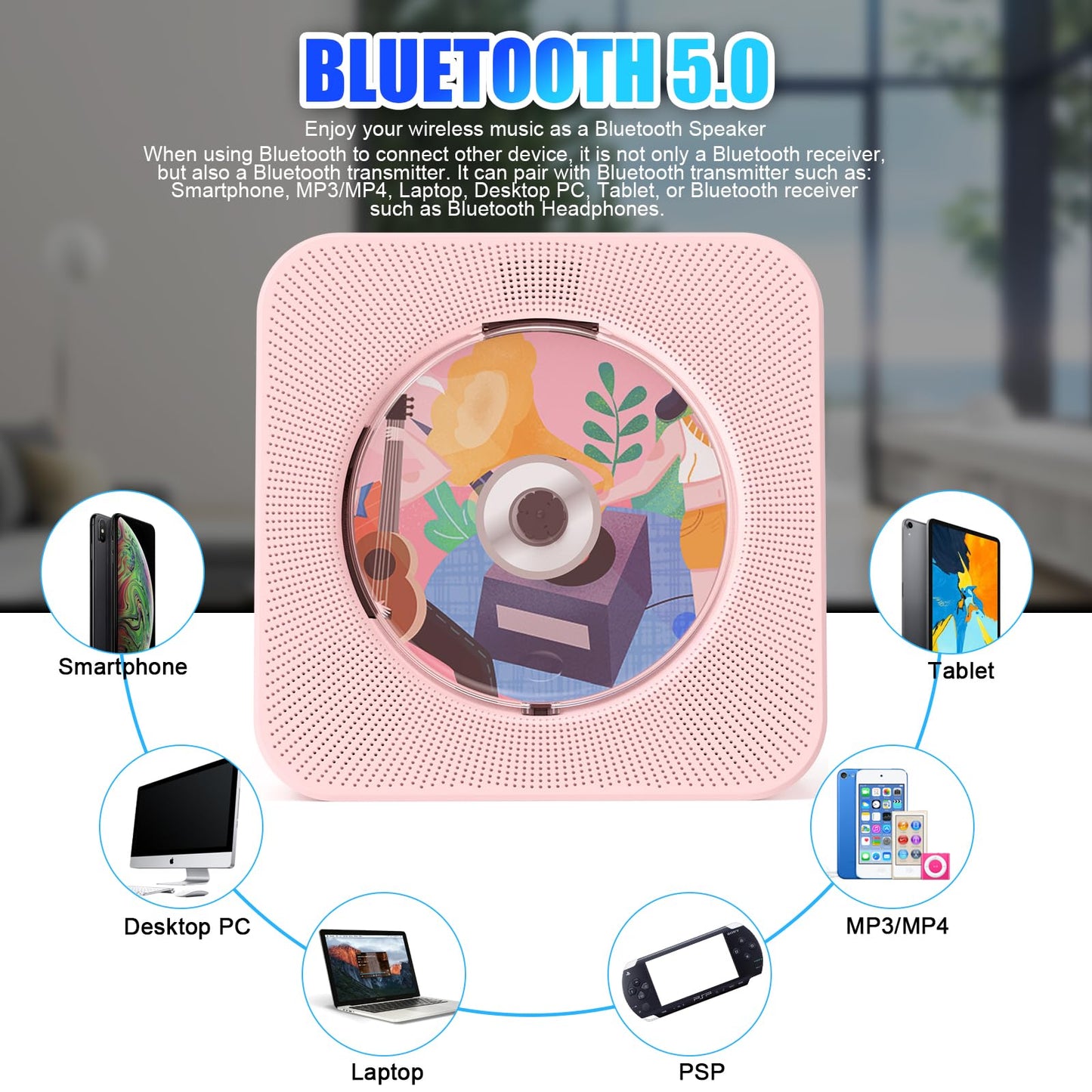 Gueray Portable CD Player with Bluetooth 5.0, CD Player for Desktop with HiFi Sound Speaker, CD Kpop Music Player with Remote Control, Dust Cover, FM Radio, LED Screen Support AUX/USB Headphone Jack