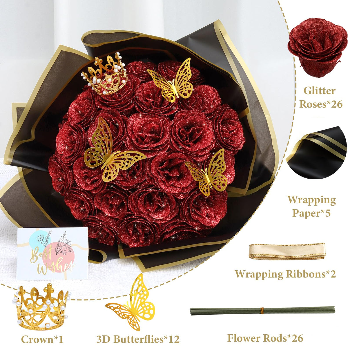 Dremisland Glitter Roses Bouquet 26 Pack DIY Glitter Flowers with Crown Butterfly Shiny Artificial Rose Birthday Gifts for Women, Mothers Day Flowers Anniversary Valentines Day Wedding Graduation Gift