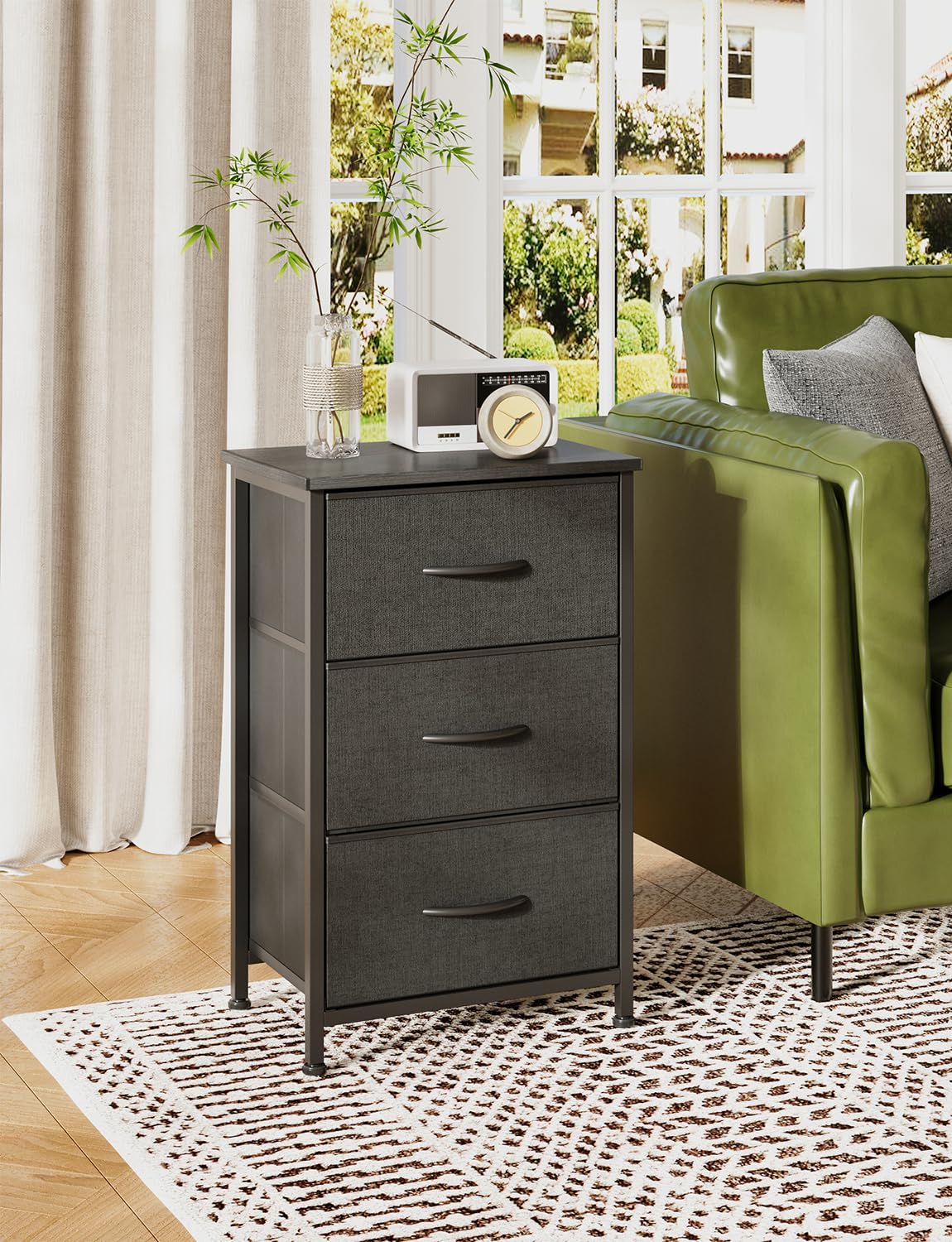 KitMent Night Stands, Beside Table End Table with 3 Fabric Drawers, Beside Furniture to Storage, 3 Bins for Bedroom, Kids Closet Dorm Guest Room, Black
