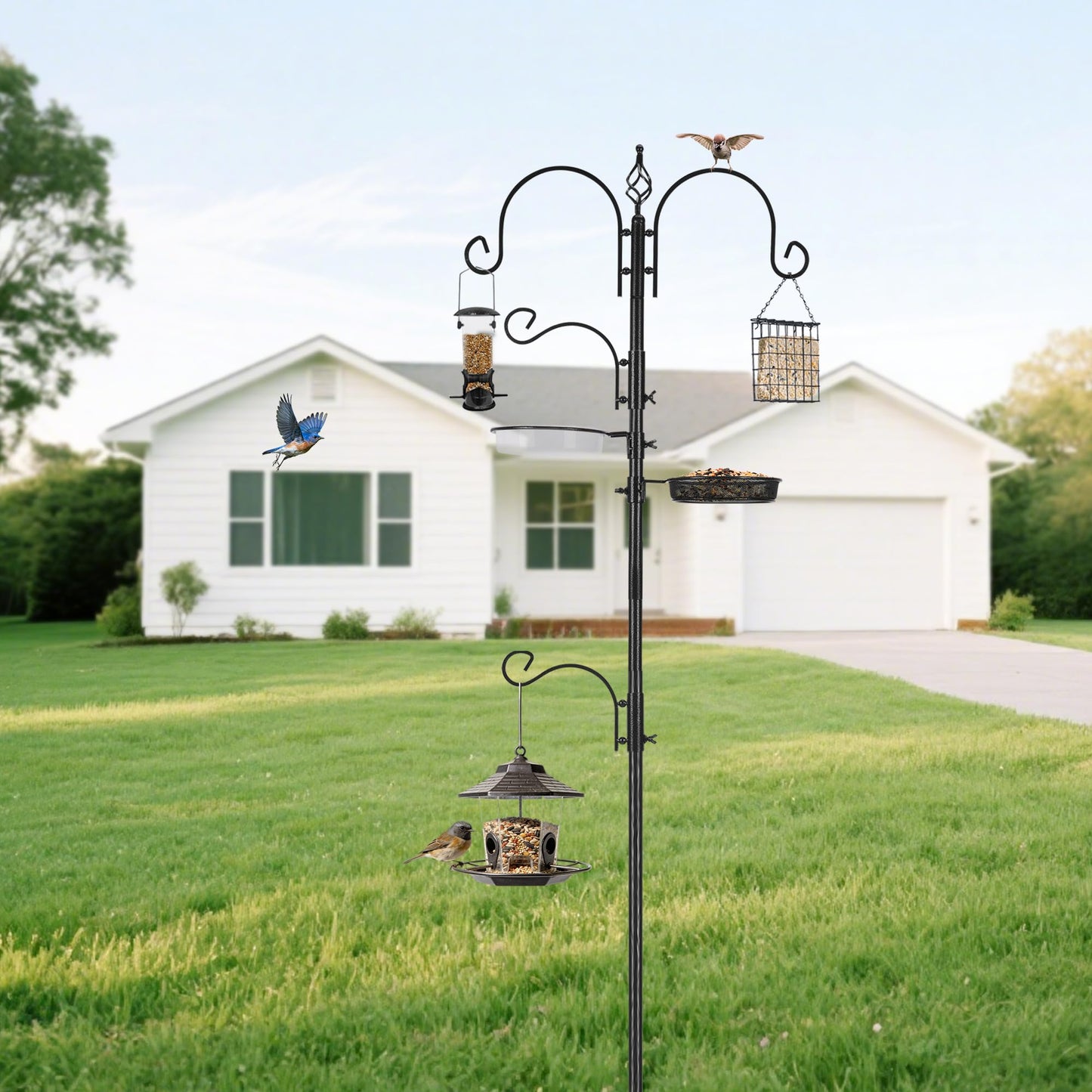 Bird Feeder Pole Bird Feeding Stand Outdoor Hanging Wild Bird Feeder Station Kit Planter Hanger Multi Feeder Hanging with Metal Suet Feeder Bird Bath for Attracting Wild Birds