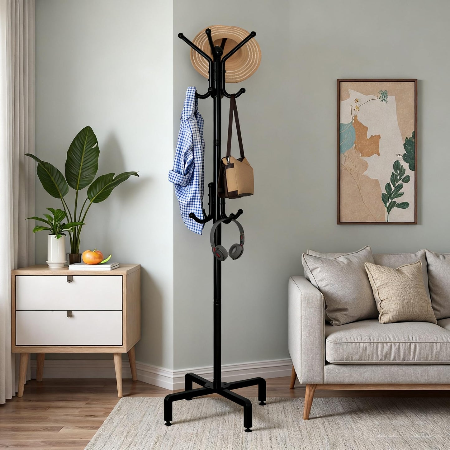 PSHUN RIGH Coat Rack with 12 Hooks, Freestanding Coat Rack Stand for Entryway, Hallway, Bedroom, and Office, Metal Coat Tree & Hat Rack for Coats, Hats, and Bags,Black (Black)