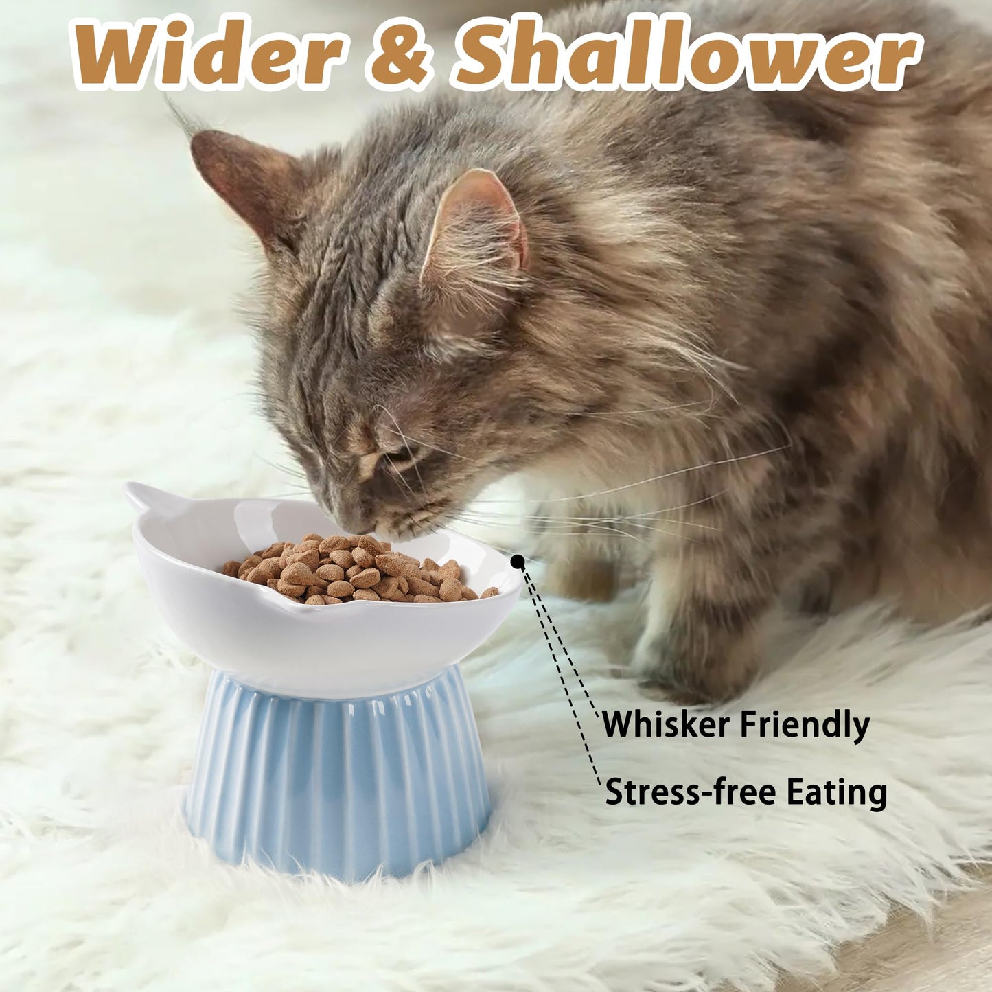 Wellbro Ceramic Raised Cat Bowl，Tilted Raised Bowl Anti Vomit Bowls for Indoor Cats Whisker Friendly Pet Feeder for Cats Puppies, Microwave and Dishwasher Safe