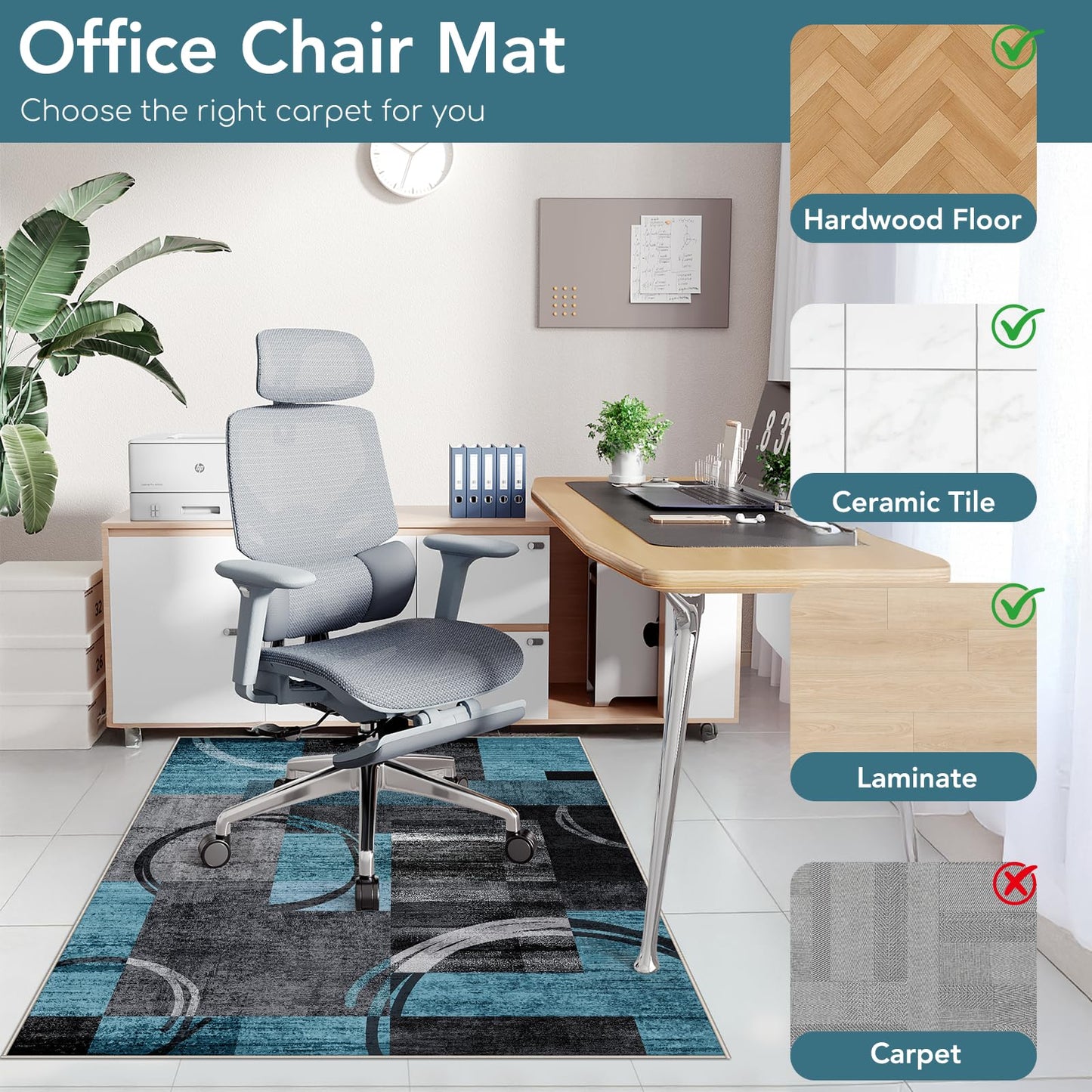 Office Chair Mat for Hardwood Floor & Tile Floor, 36"X 48" Heavy Duty Desk Chair Mat for Hard Floors, Under Desk Rug for Rolling Computer Chair,Anti Slip,Low Pile Carpet Protector-Geo Blue Gray