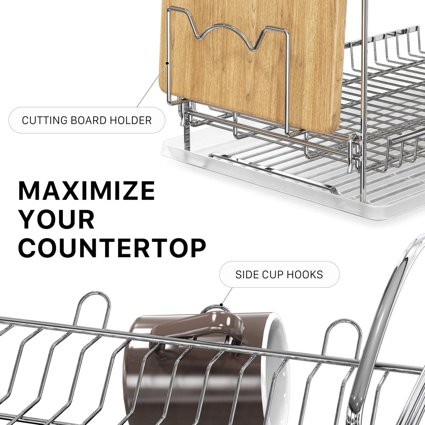 Simple Houseware 2-Tier Stainless Steel Dish Drying Rack with Drainboard, Kitchen Countertop Organizer with Cutting Board, Mug, and Cutlery Holder
